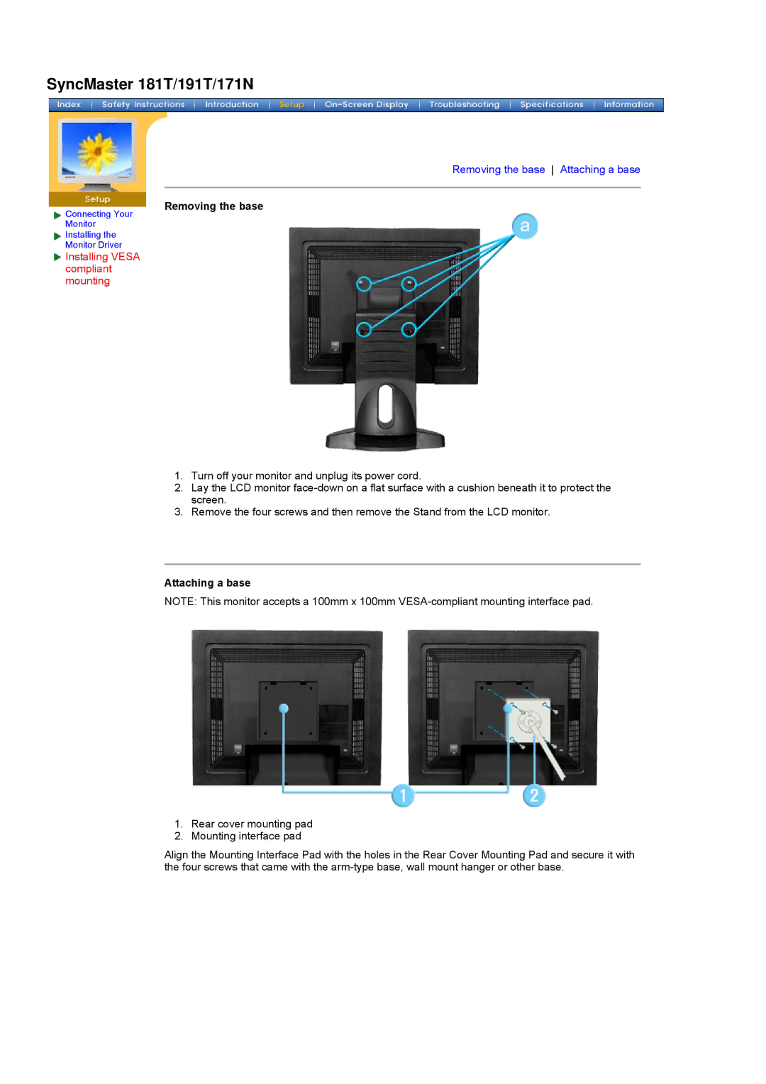 Samsung GH17ASCB/XSJ, GH17ASBN/XSJ, NB17ASCB, GH17ASMB/XSJ SyncMaster 181T/191T/171N, Removing the base, Attaching a base 