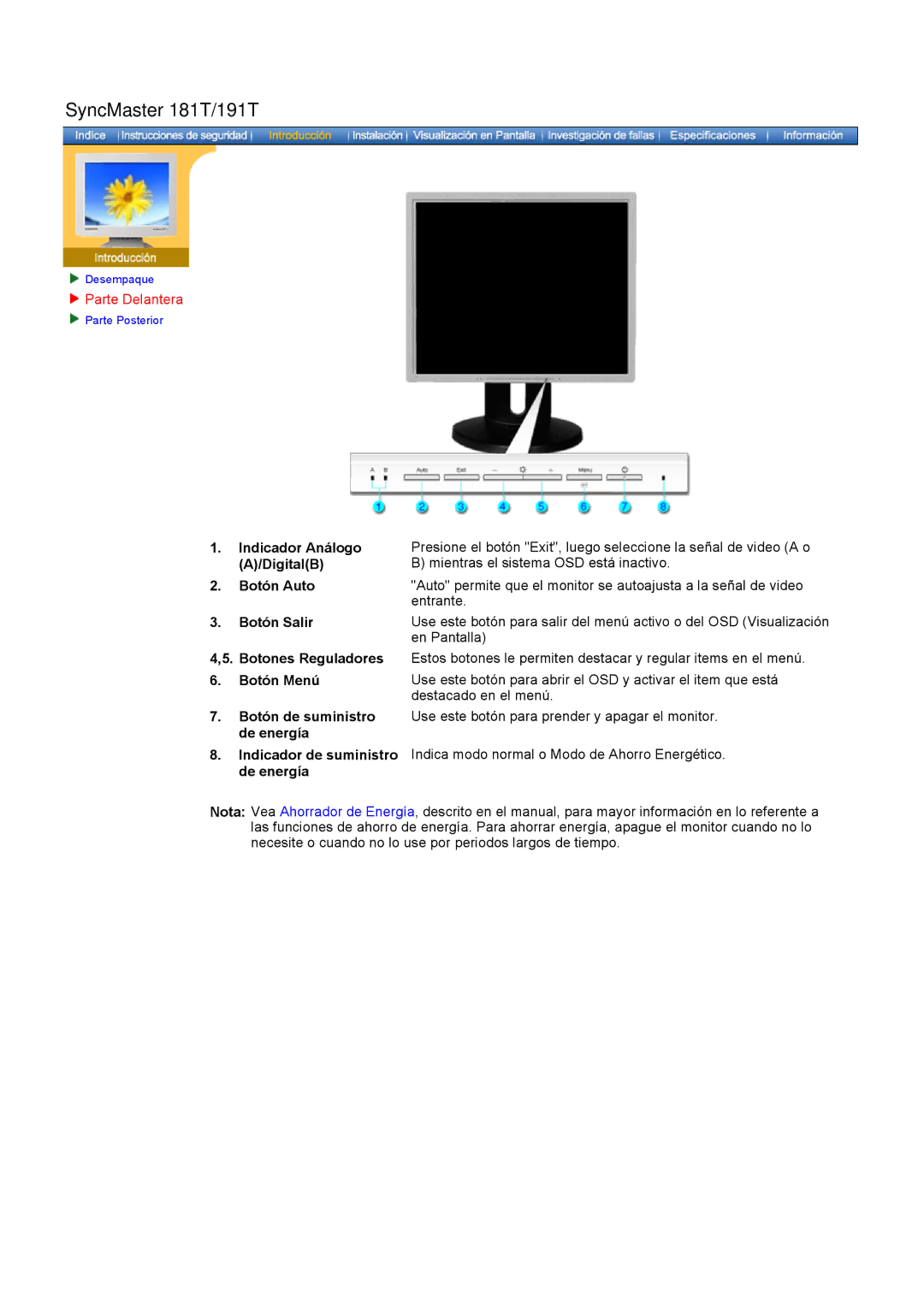 Samsung GH17ASAS/EDC, GH17ASPS/EDC, GH17ASAB/EDC manual SyncMaster 181T/191T, Parte Delantera 