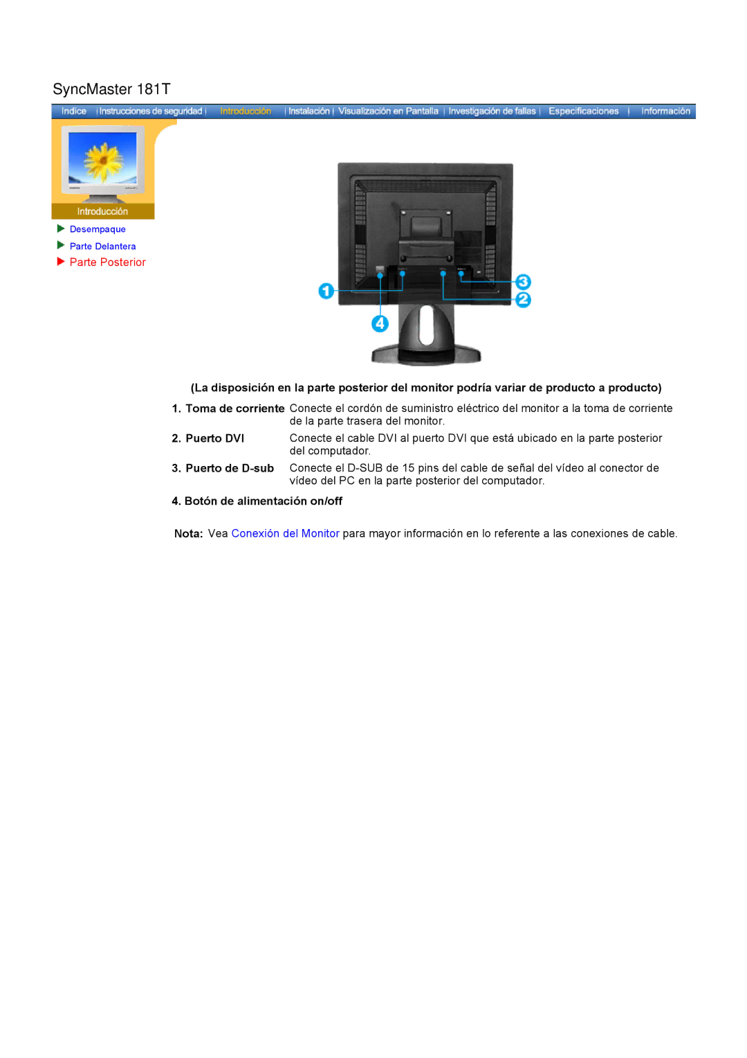 Samsung GH17ASAS/EDC, GH17ASPS/EDC, GH17ASAB/EDC manual Parte Posterior, Puerto DVI, Botón de alimentación on/off 