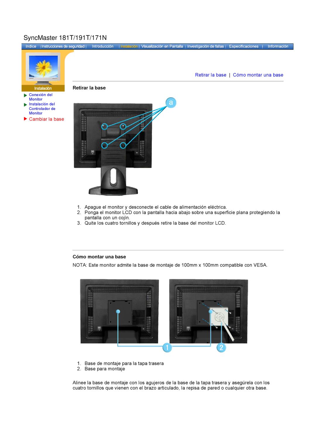 Samsung GH17ASPS/EDC, GH17ASAS/EDC, GH17ASAB/EDC manual Retirar la base, Cambiar la base, Cómo montar una base 