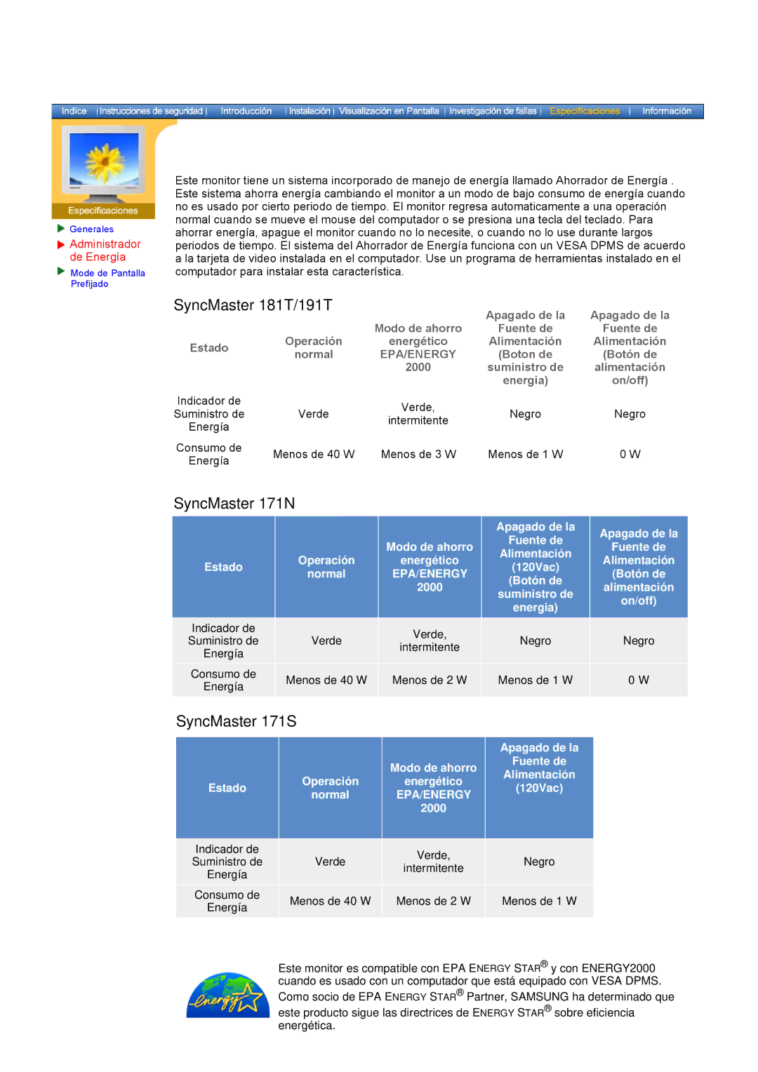 Samsung GH17ASPS/EDC, GH17ASAS/EDC, GH17ASAB/EDC manual Administrador de Energía, Epa/Energy 