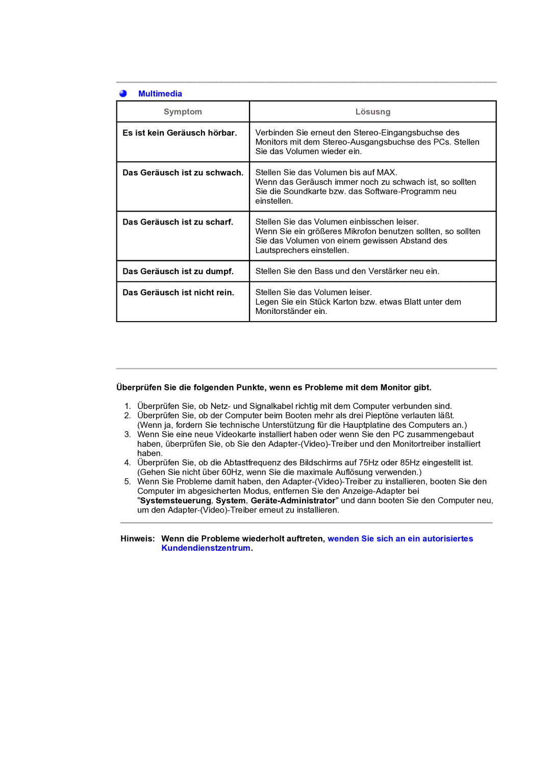 Samsung GH17ASAS/EDC, GH17ASPS/EDC manual Das Geräusch ist zu scharf, Das Geräusch ist zu dumpf Das Geräusch ist nicht rein 