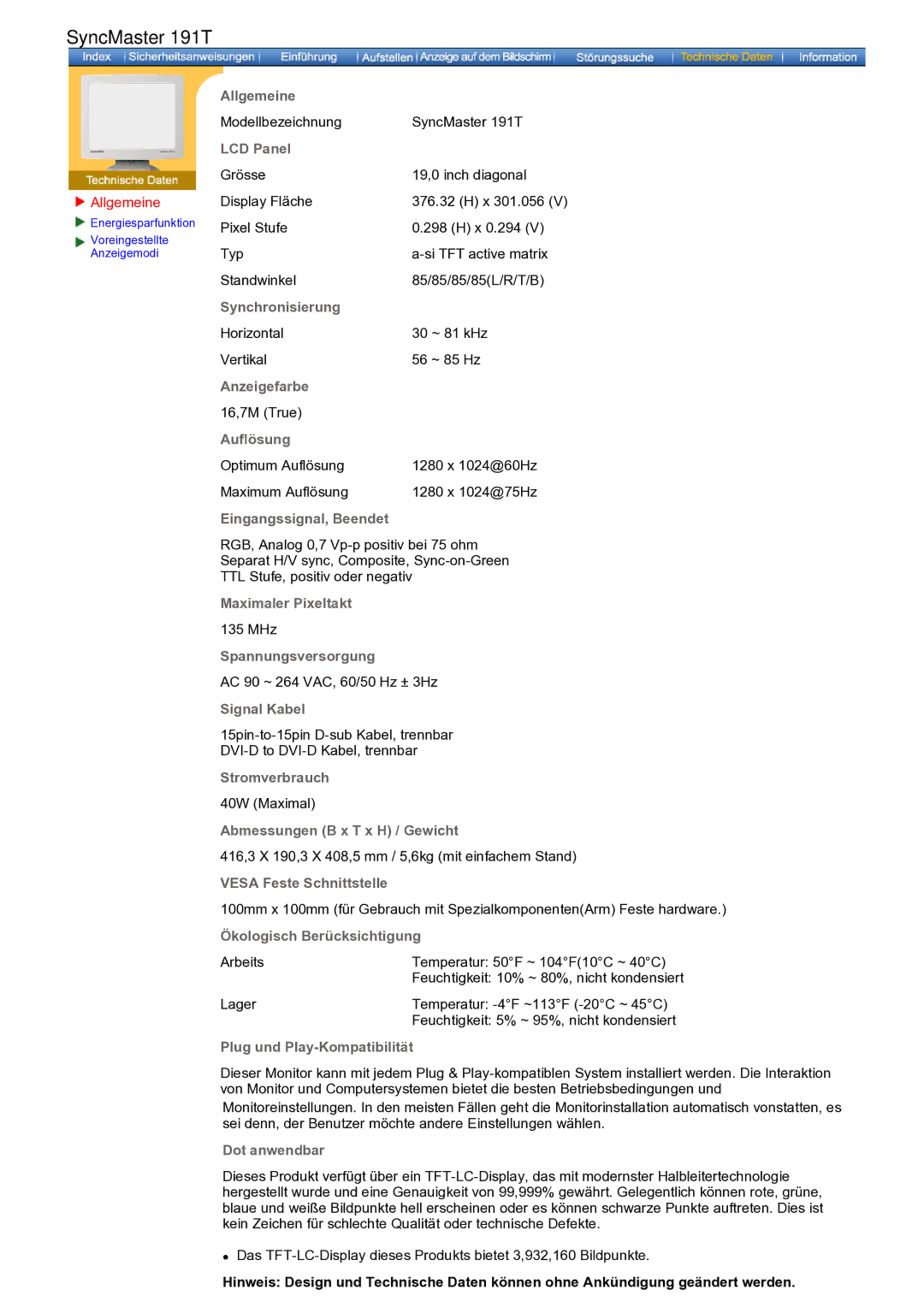 Samsung GH17ASPS/EDC, GH17ASAS/EDC manual Modellbezeichnung SyncMaster 191T 