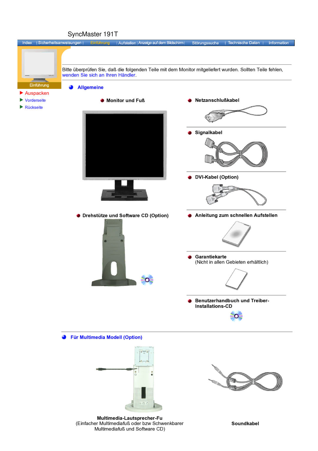 Samsung GH17ASAS/EDC, GH17ASPS/EDC manual Monitor und Fuß Netzanschlußkabel, Benutzerhandbuch und Treiber Installations-CD 