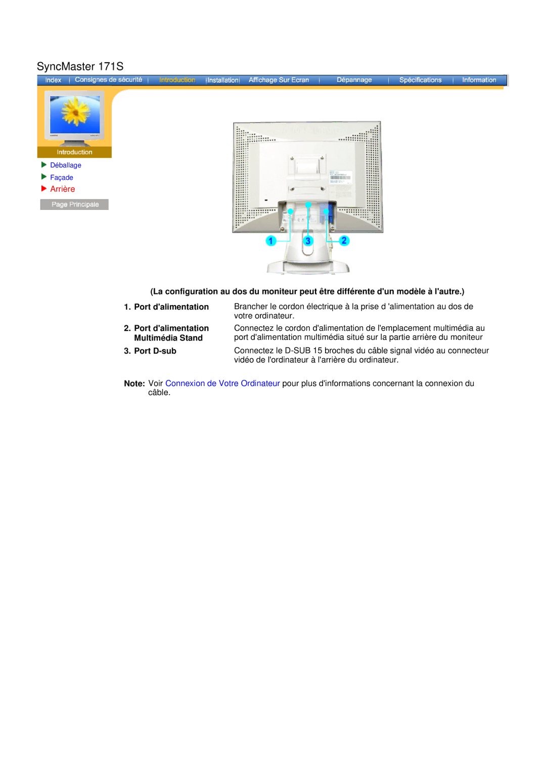 Samsung GH17ASAS/EDC, GH17ASPS/EDC, GH17ASPB/EDC, GH17ASAB/EDC manual Port dalimentation Multimédia Stand Port D-sub 