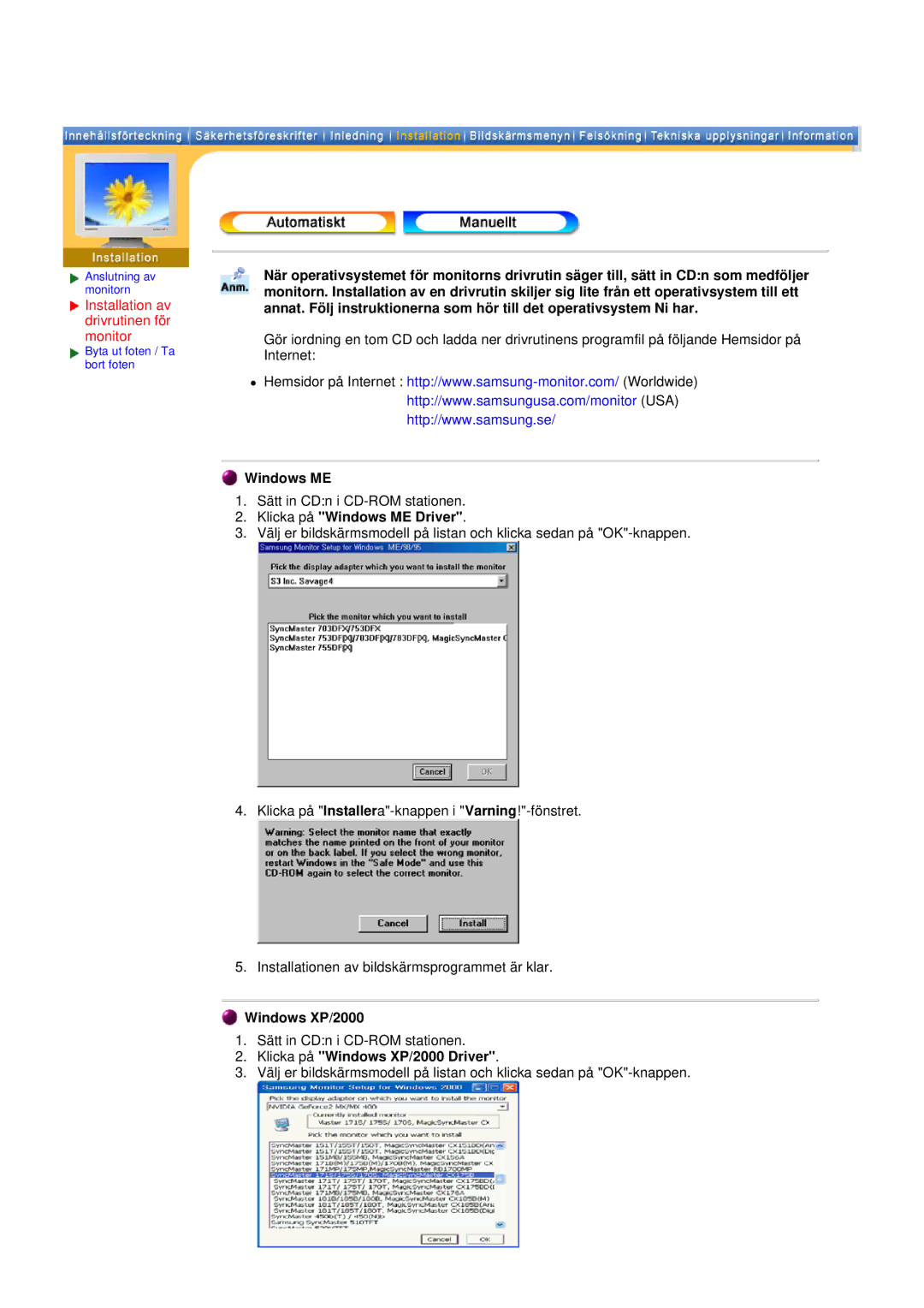 Samsung GH17ASAS/EDC manual Installation av drivrutinen för monitor, Klicka på Windows ME Driver, Windows XP/2000 