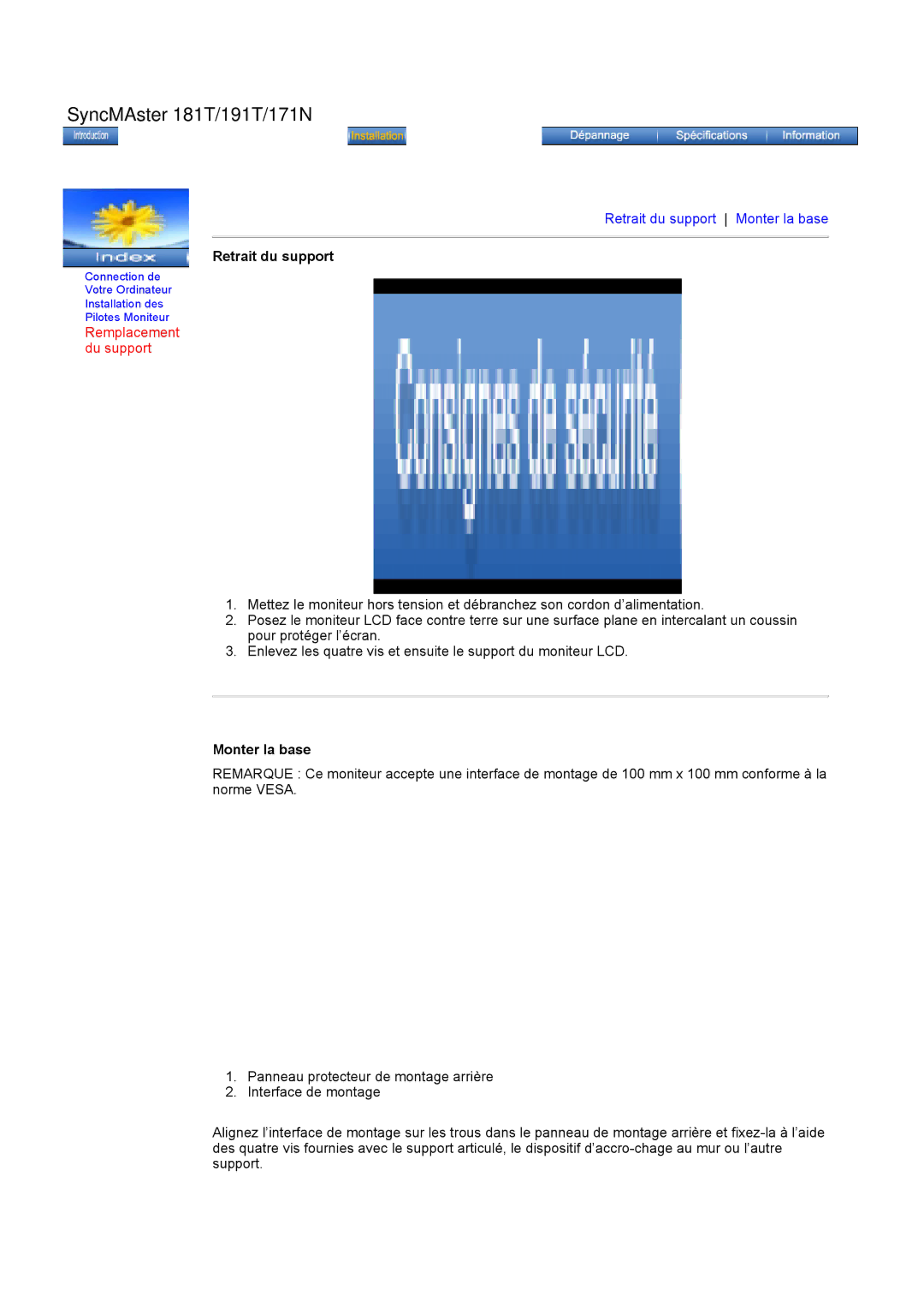 Samsung GH17ASPS/EDC, GH17ASPB/EDC, GH17ASAS/EDC, GH17ASAB/EDC Retrait du support, Remplacement du support, Monter la base 