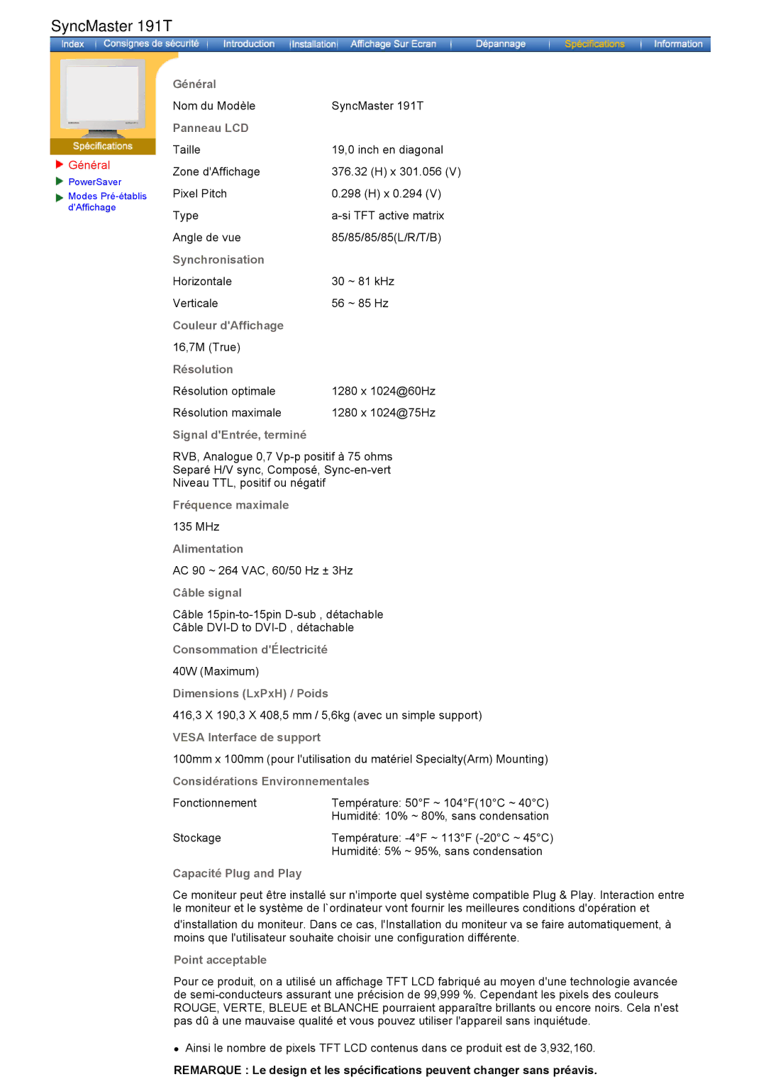 Samsung GH17ASAS/EDC, GH17ASPS/EDC, GH17ASPB/EDC, GH17ASAB/EDC manual Nom du Modèle SyncMaster 191T 