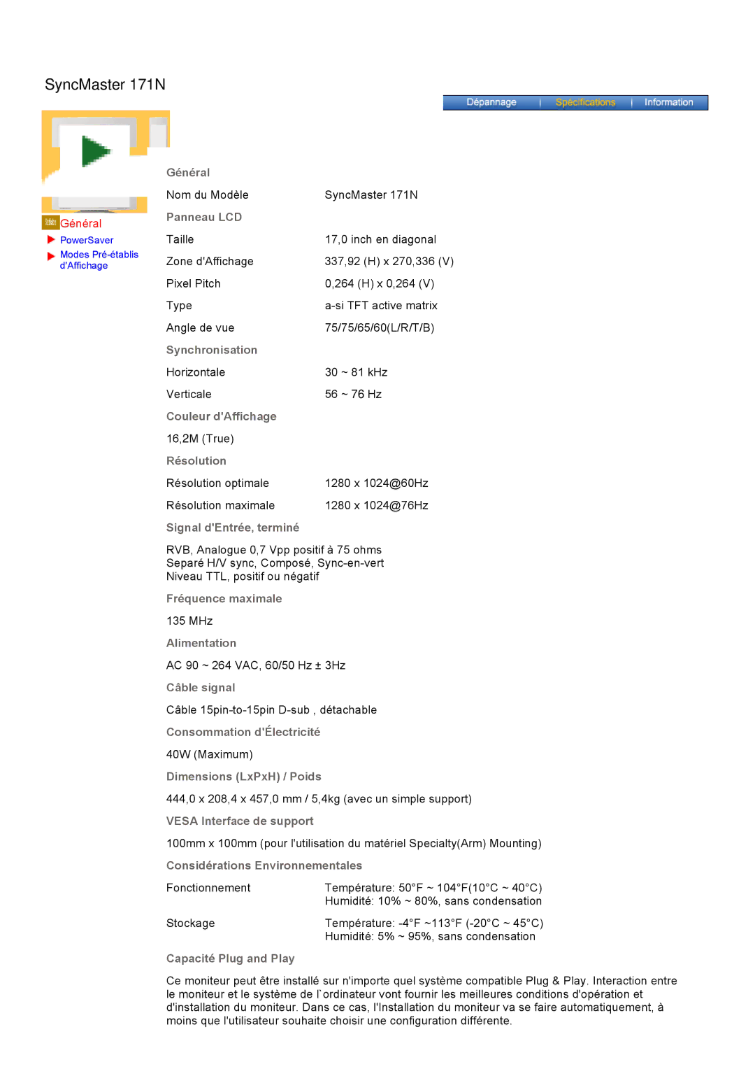 Samsung GH17ASAB/EDC, GH17ASPS/EDC, GH17ASPB/EDC, GH17ASAS/EDC manual Nom du Modèle SyncMaster 171N 