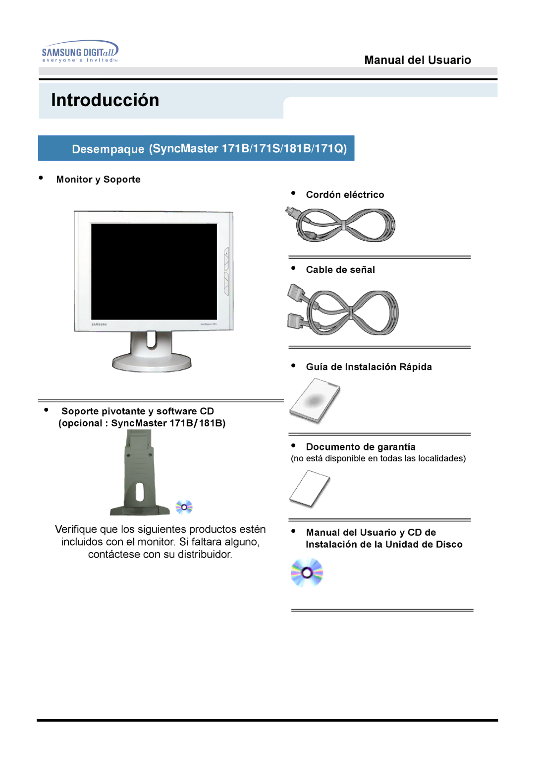 Samsung GH17BSPN/EDC, GH17BSAN/EDC, GH17BSAS/EDC manual Desempaque SyncMaster 171B/171S/181B/171Q, Documento de garantía 