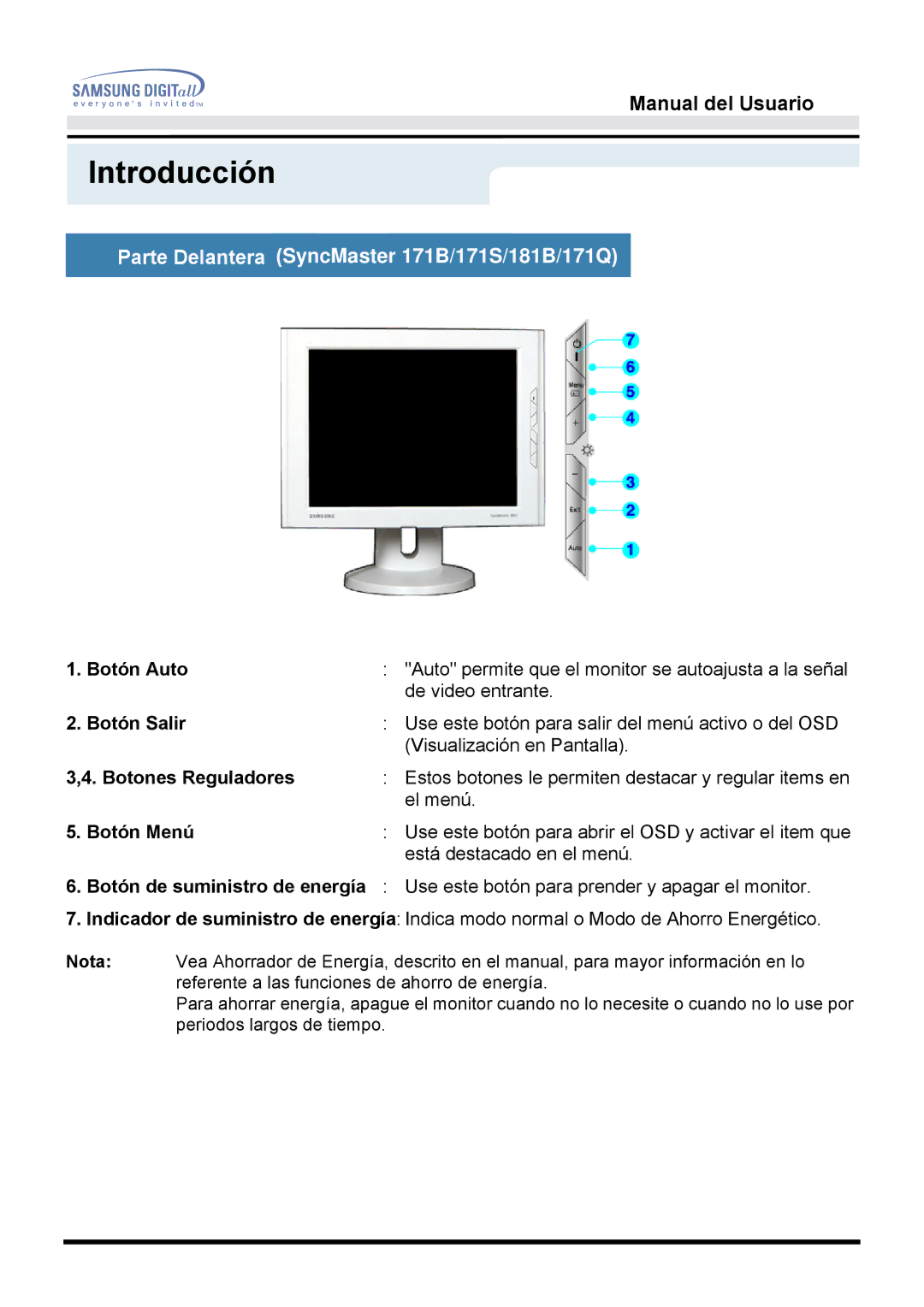 Samsung GH17BSAS/EDC, GH17BSPN/EDC, GH17BSAN/EDC manual Parte Delantera SyncMaster 171B/171S/181B/171Q, Botón Menú 