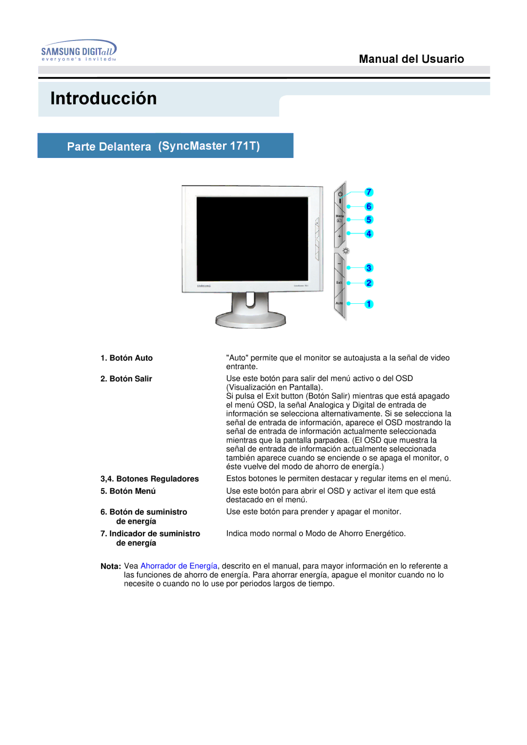 Samsung GH17BSPN/EDC, GH17BSAN/EDC, GH17BSAS/EDC manual Parte Delantera SyncMaster 171T, Botón Salir 