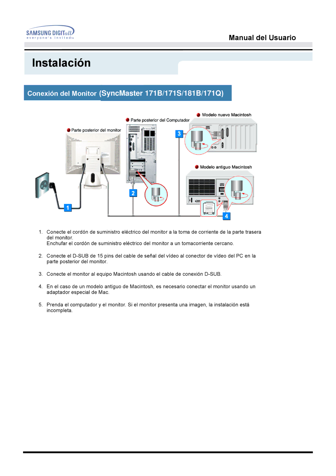 Samsung GH17BSPN/EDC, GH17BSAN/EDC, GH17BSAS/EDC manual Instalación, Conexión del Monitor SyncMaster 171B/171S/181B/171Q 