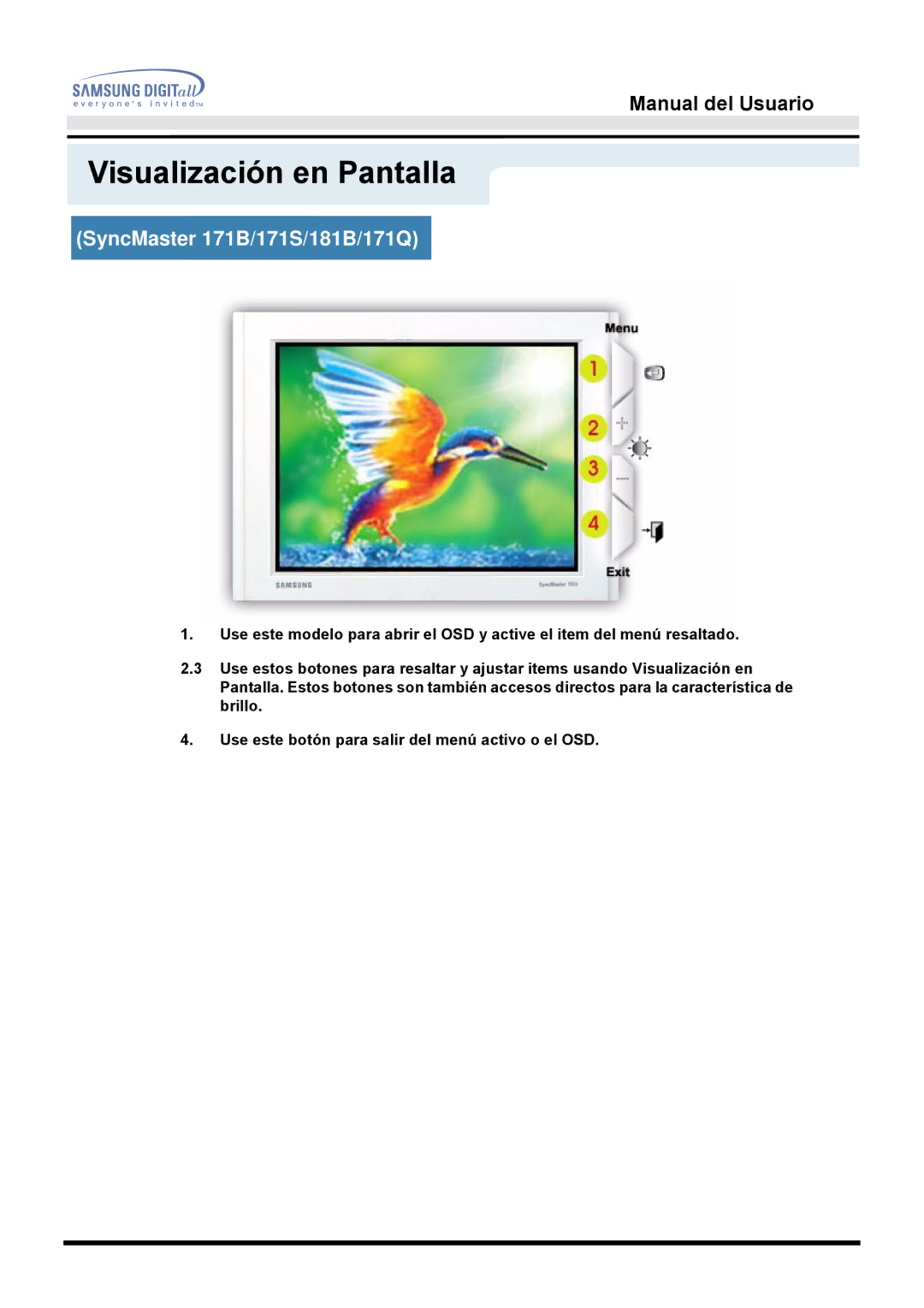 Samsung GH17BSPN/EDC, GH17BSAN/EDC, GH17BSAS/EDC manual Visualización en Pantalla, SyncMaster 171B/171S/181B/171Q 