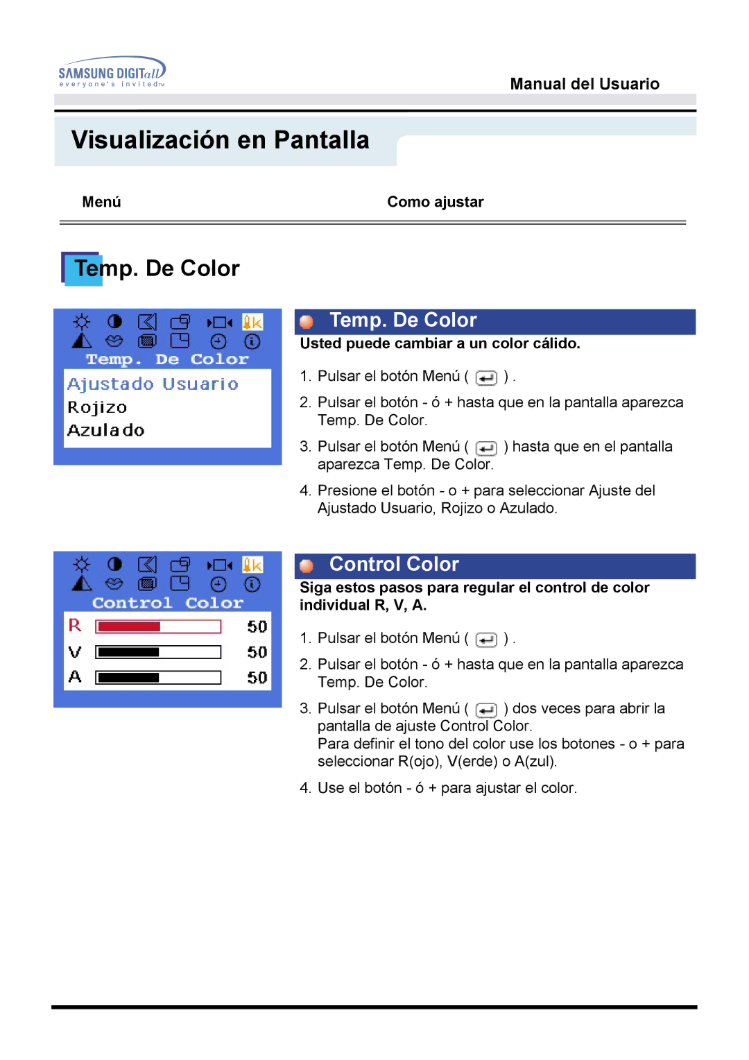 Samsung GH17BSAS/EDC, GH17BSPN/EDC, GH17BSAN/EDC manual Temp. De Color, Control Color 