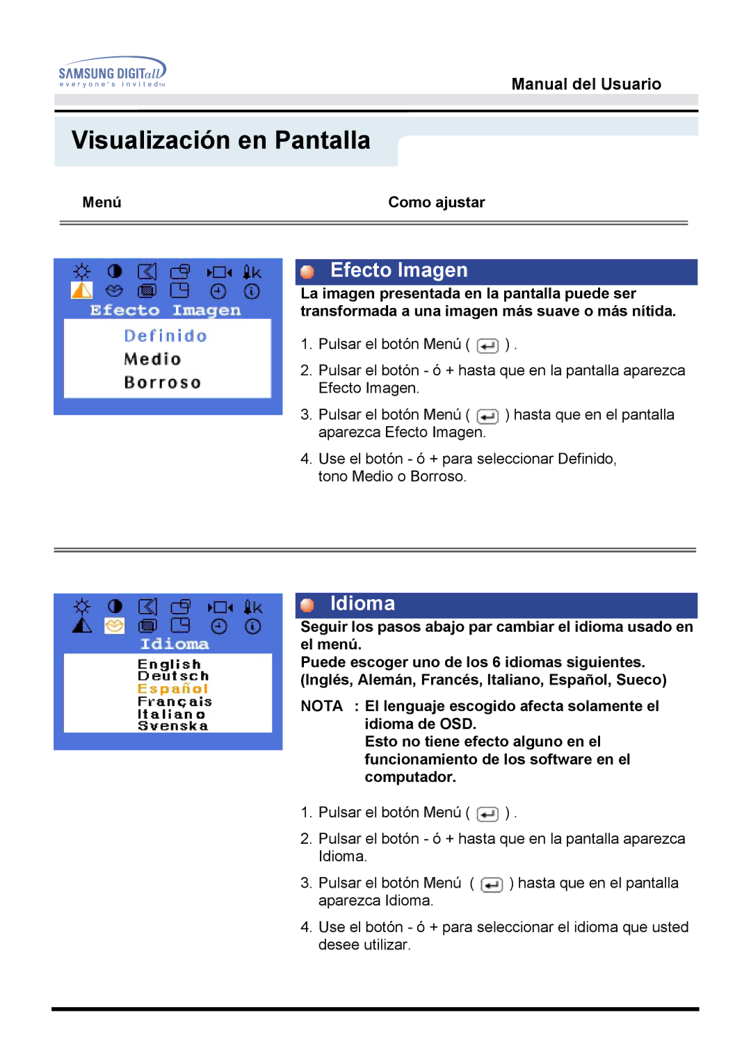 Samsung GH17BSPN/EDC, GH17BSAN/EDC, GH17BSAS/EDC manual Efecto Imagen, Idioma 