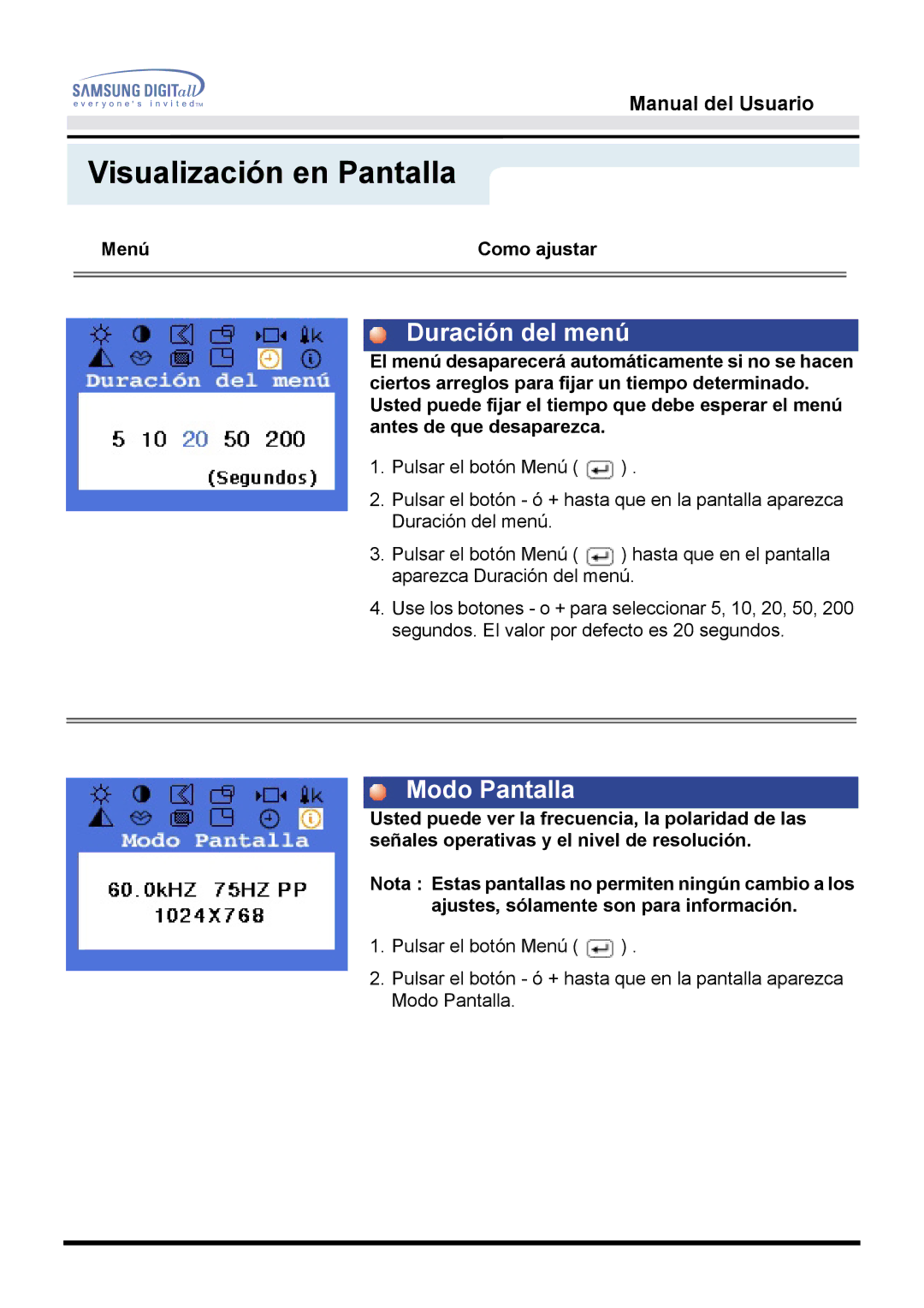 Samsung GH17BSPN/EDC, GH17BSAN/EDC, GH17BSAS/EDC manual Duración del menú, Modo Pantalla 