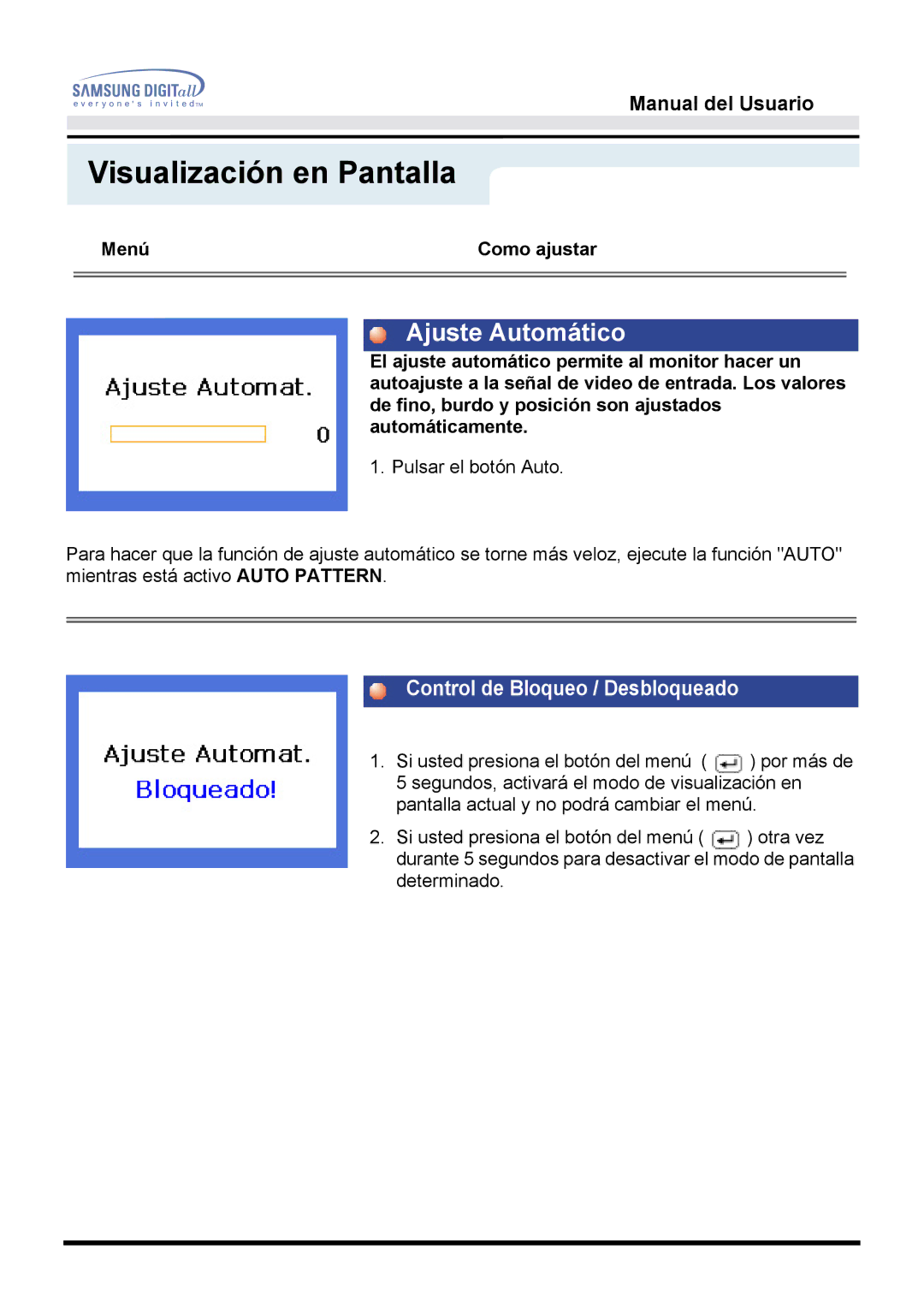 Samsung GH17BSAN/EDC, GH17BSPN/EDC, GH17BSAS/EDC manual Ajuste Automático, Control de Bloqueo / Desbloqueado 