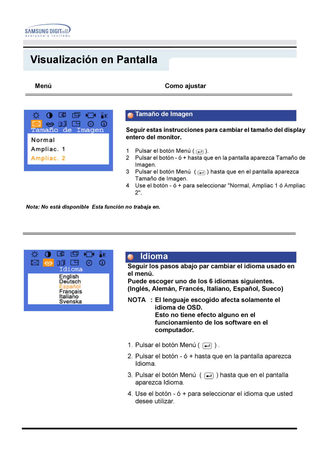 Samsung GH17BSAS/EDC, GH17BSPN/EDC, GH17BSAN/EDC manual Idioma, Tamaño de Imagen 