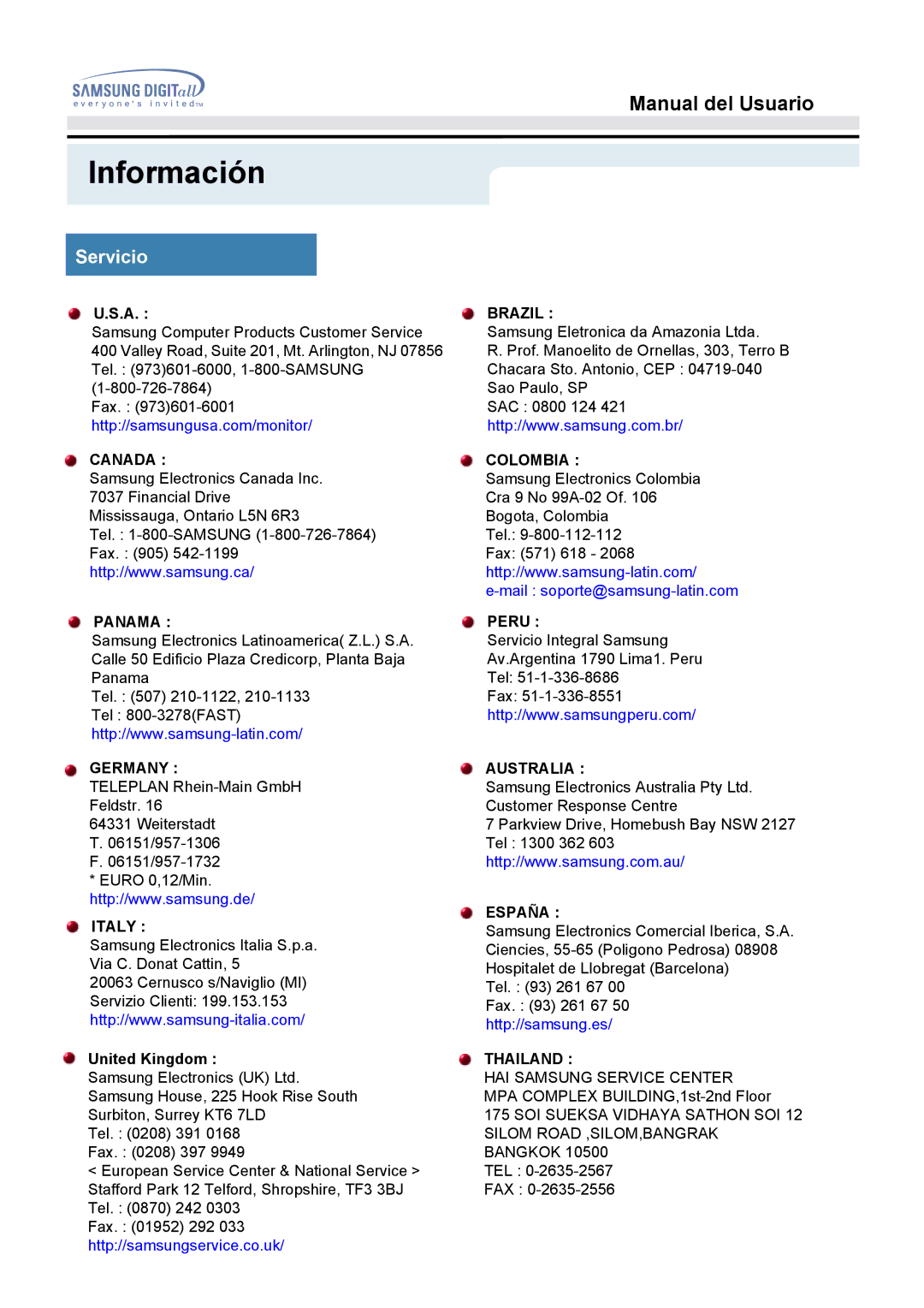 Samsung GH17BSAS/EDC, GH17BSPN/EDC, GH17BSAN/EDC manual Información, Servicio 