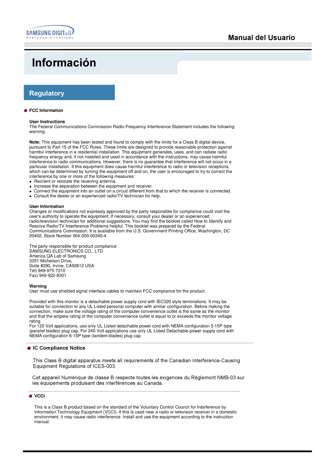 Samsung GH17BSAS/EDC, GH17BSPN/EDC, GH17BSAN/EDC manual Regulatory, FCC Information User Instructions 