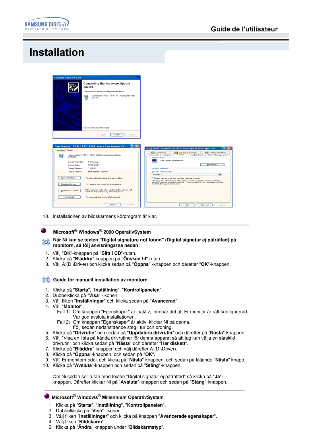 Samsung GH17BSPNV/EDC, GH17BSPN/EDC, GH17BSAN/EDC, GH17BSAS/EDC manual Installationen av bildskärmens körprogram är klar 