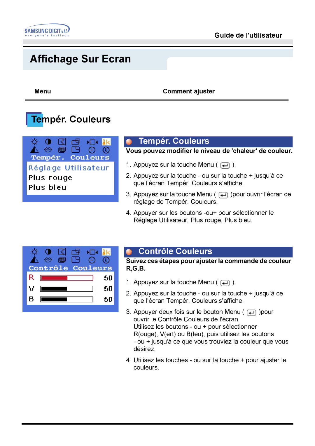 Samsung GH17BSPNV/EDC, GH17BSPN/EDC, GH17BSAN/EDC, GH17BSAS/EDC manual Tempér. Couleurs, Contrôle Couleurs 