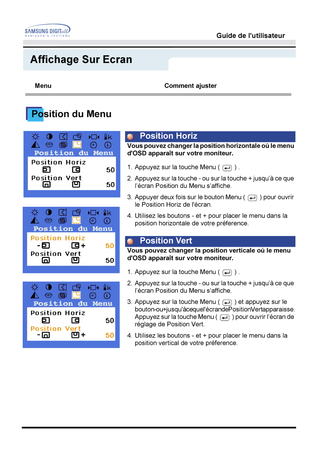 Samsung GH17BSAN/EDC, GH17BSPNV/EDC, GH17BSPN/EDC, GH17BSAS/EDC manual Position du Menu 