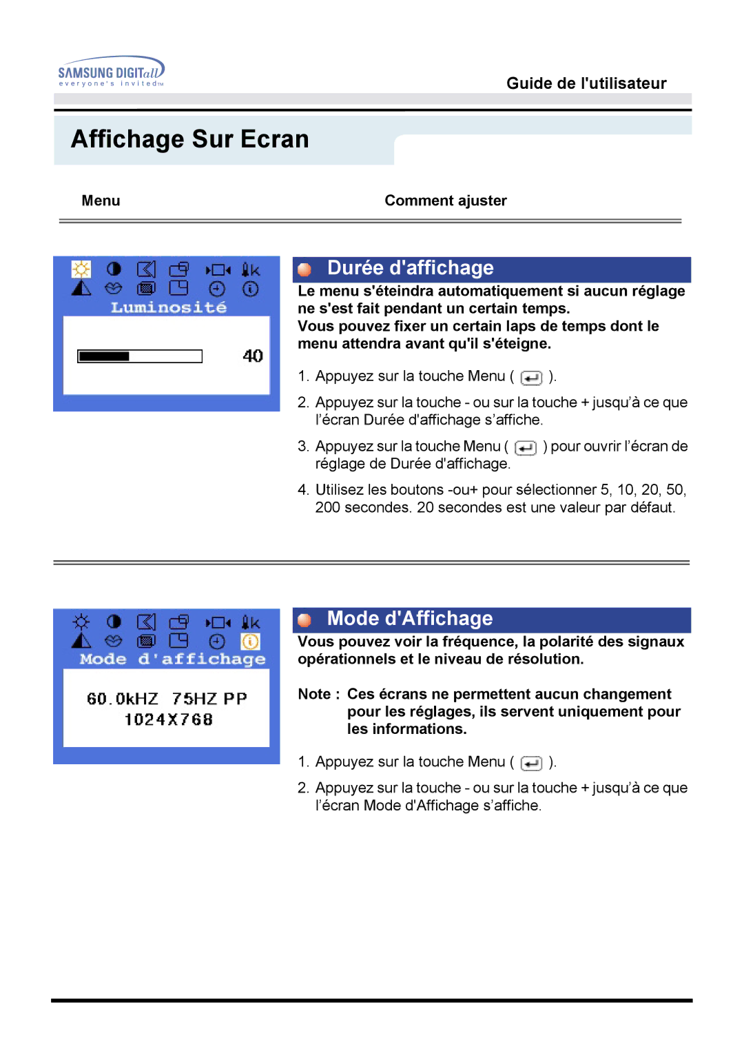 Samsung GH17BSAS/EDC, GH17BSPNV/EDC, GH17BSPN/EDC, GH17BSAN/EDC manual Durée daffichage, Mode dAffichage 