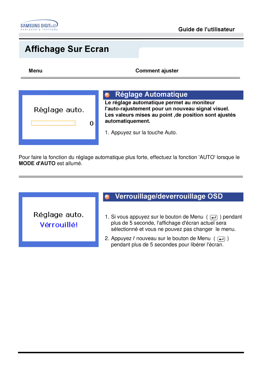 Samsung GH17BSPNV/EDC, GH17BSPN/EDC, GH17BSAN/EDC, GH17BSAS/EDC manual Réglage Automatique, Verrouillage/deverrouillage OSD 