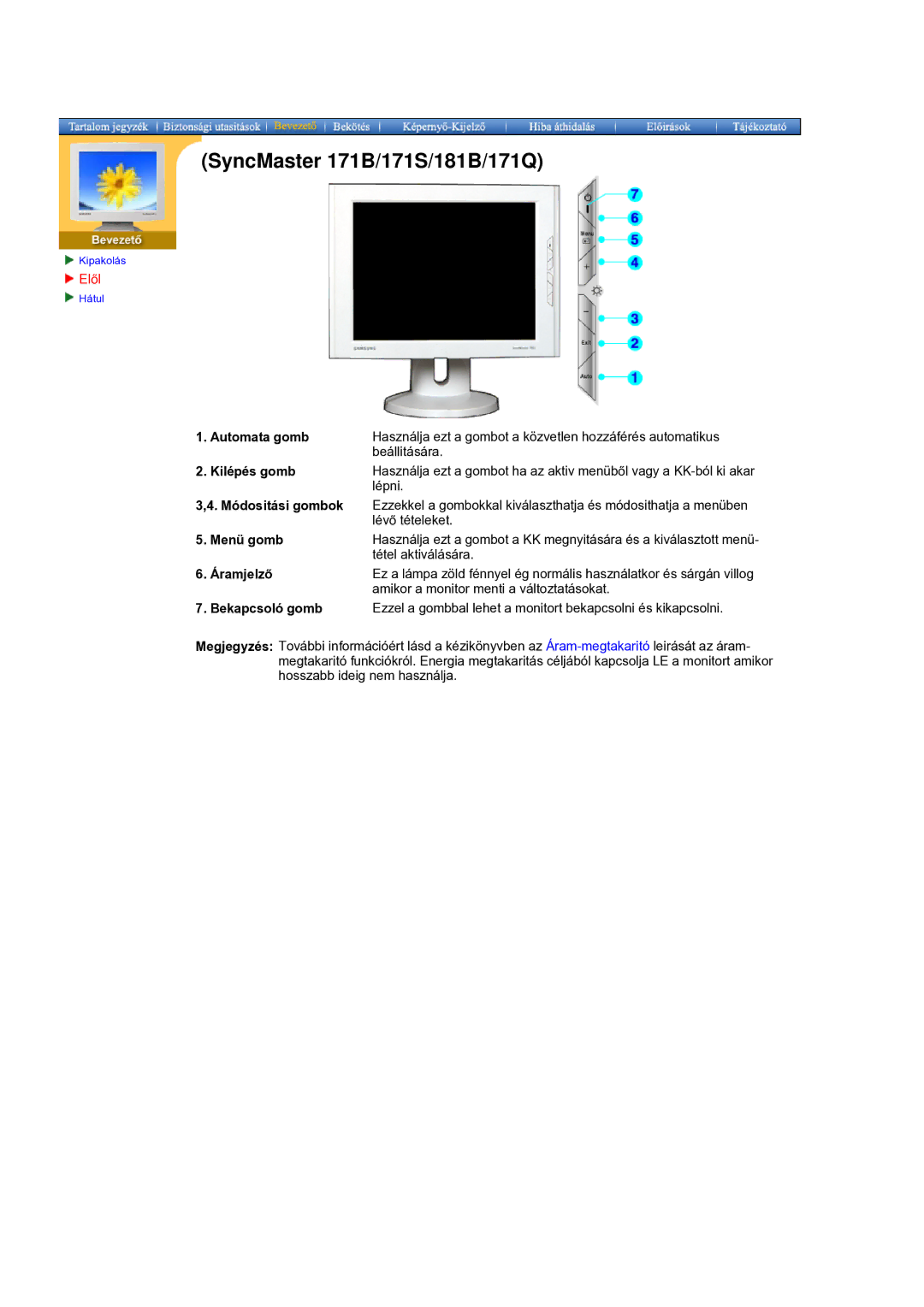 Samsung GH17BSPNV/EDC manual Automata gomb, Kilépés gomb, Módositási gombok, Menü gomb, Áramjelző, Bekapcsoló gomb 