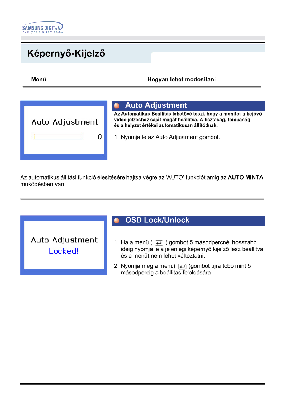 Samsung GH17BSPNV/EDC manual Auto Adjustment, OSD Lock/Unlock 