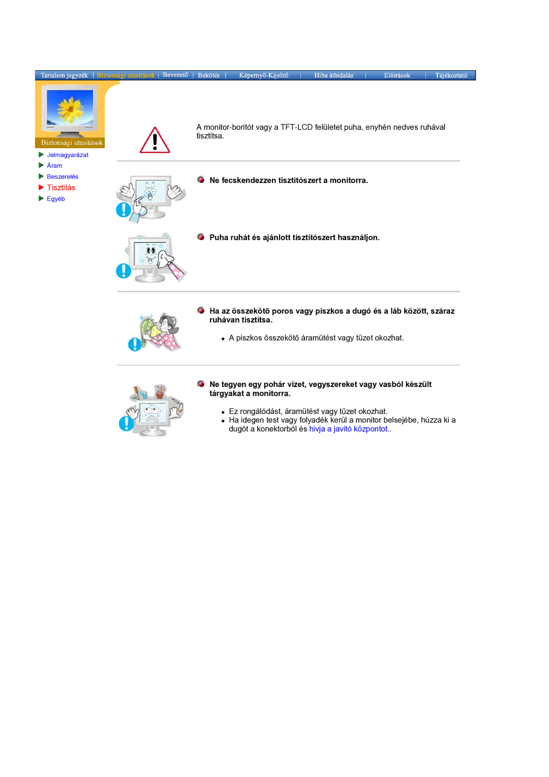 Samsung GH17BSPNV/EDC manual Ne fecskendezzen tisztitószert a monitorra 