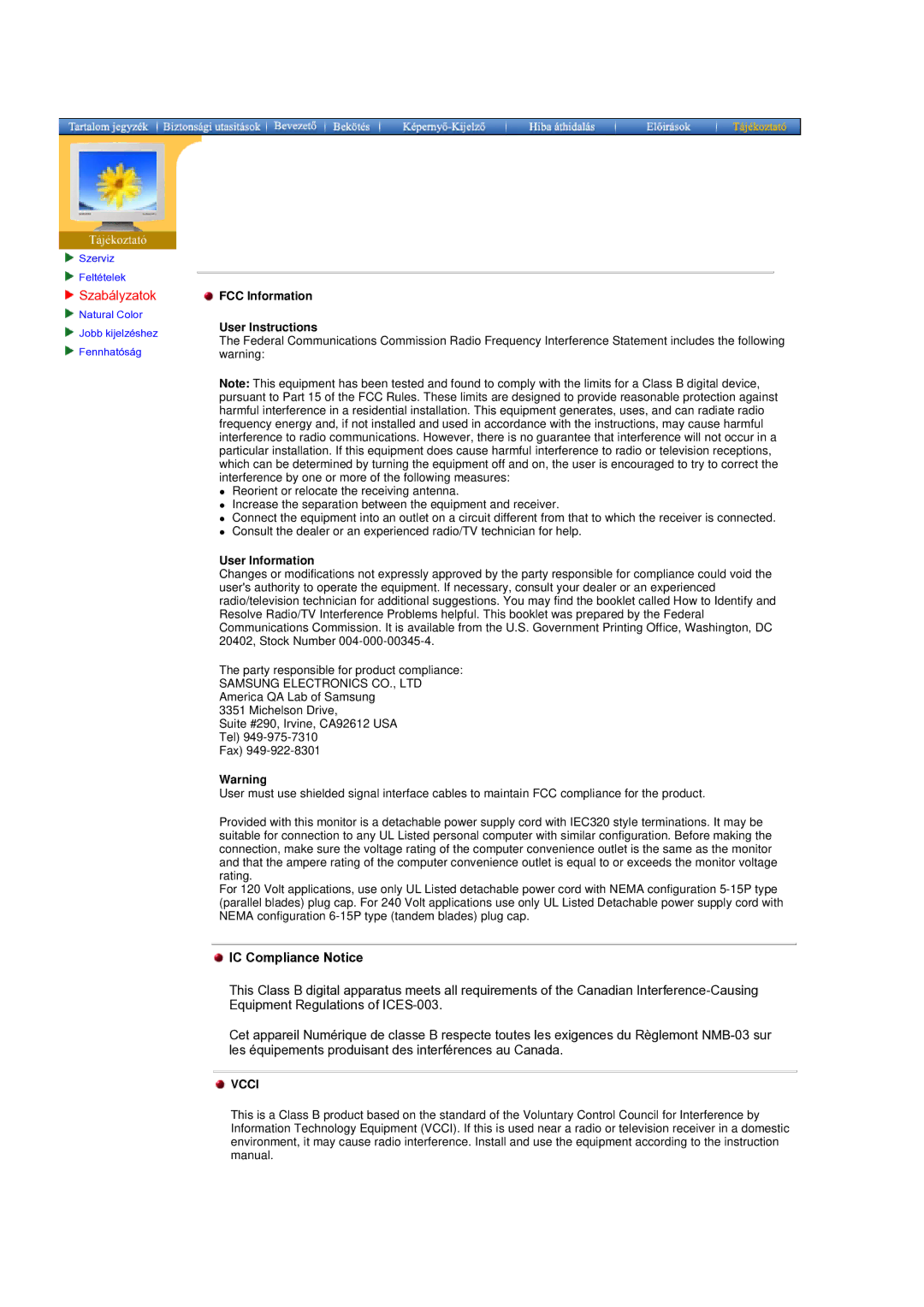 Samsung GH17BSPNV/EDC manual Szabályzatok, IC Compliance Notice 