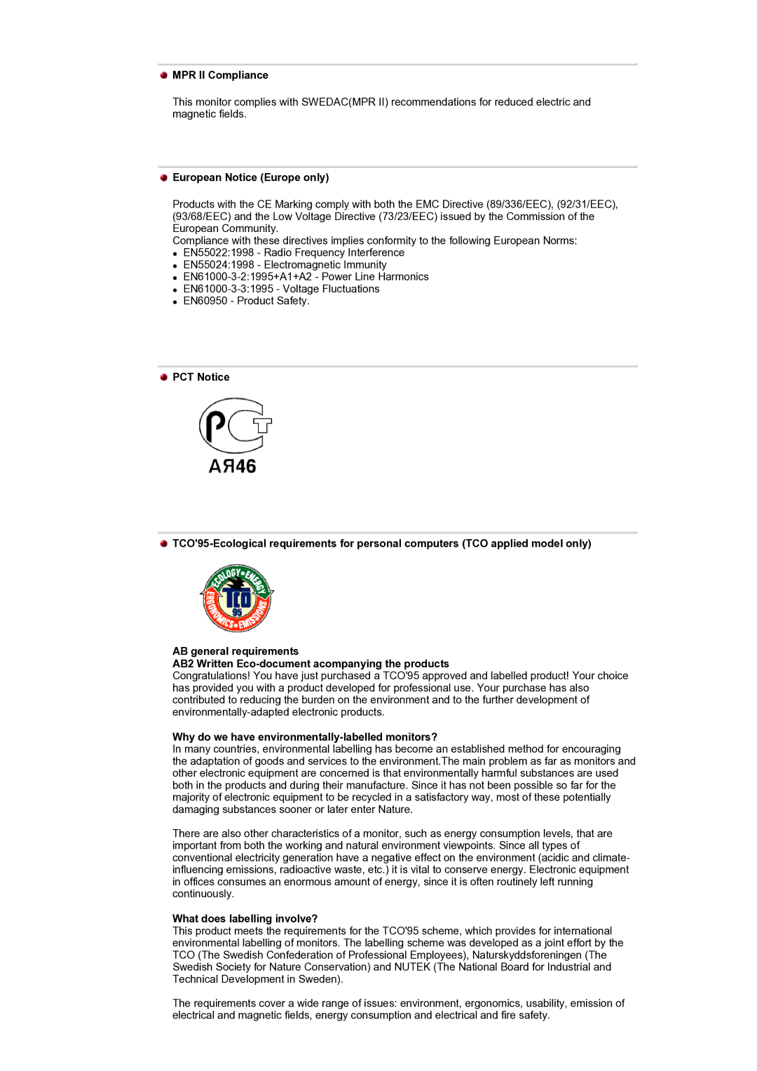 Samsung GH17BSPNV/EDC MPR II Compliance, European Notice Europe only, Why do we have environmentally-labelled monitors? 