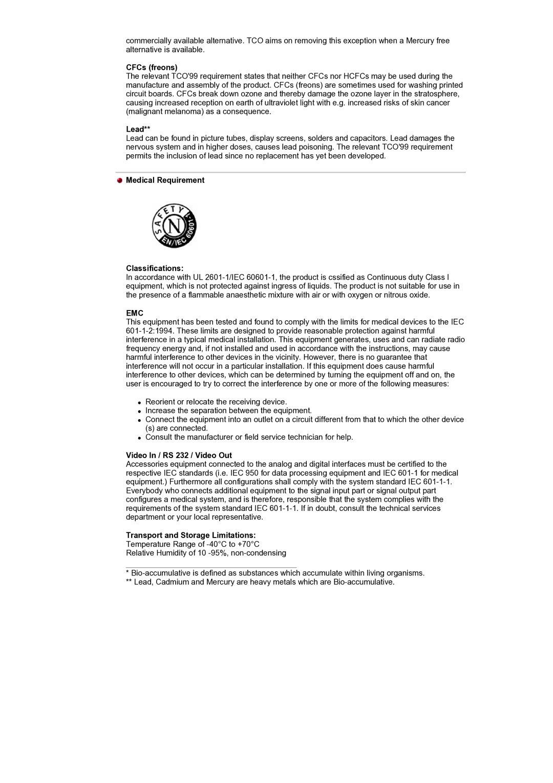 Samsung GH17BSPNV/EDC manual Medical Requirement Classifications, Video In / RS 232 / Video Out 