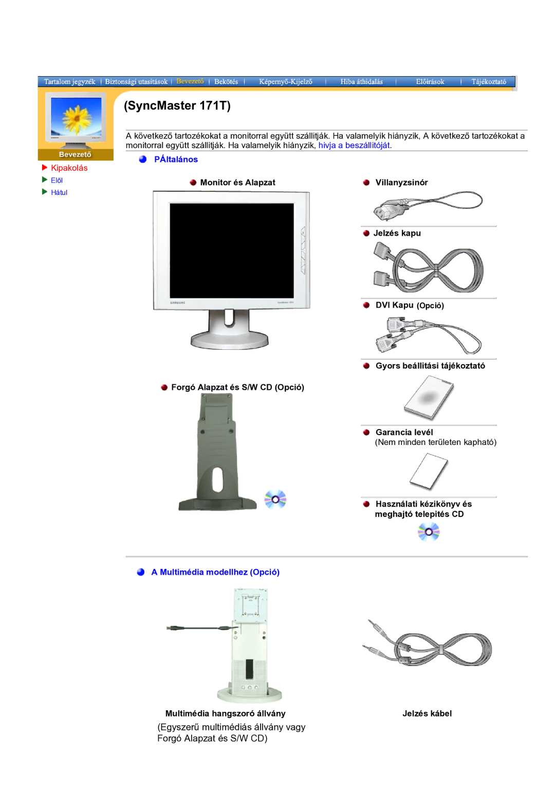 Samsung GH17BSPNV/EDC manual Használati kézikönyv és meghajtó telepités CD, Multimédia hangszoró állvány Jelzés kábel 