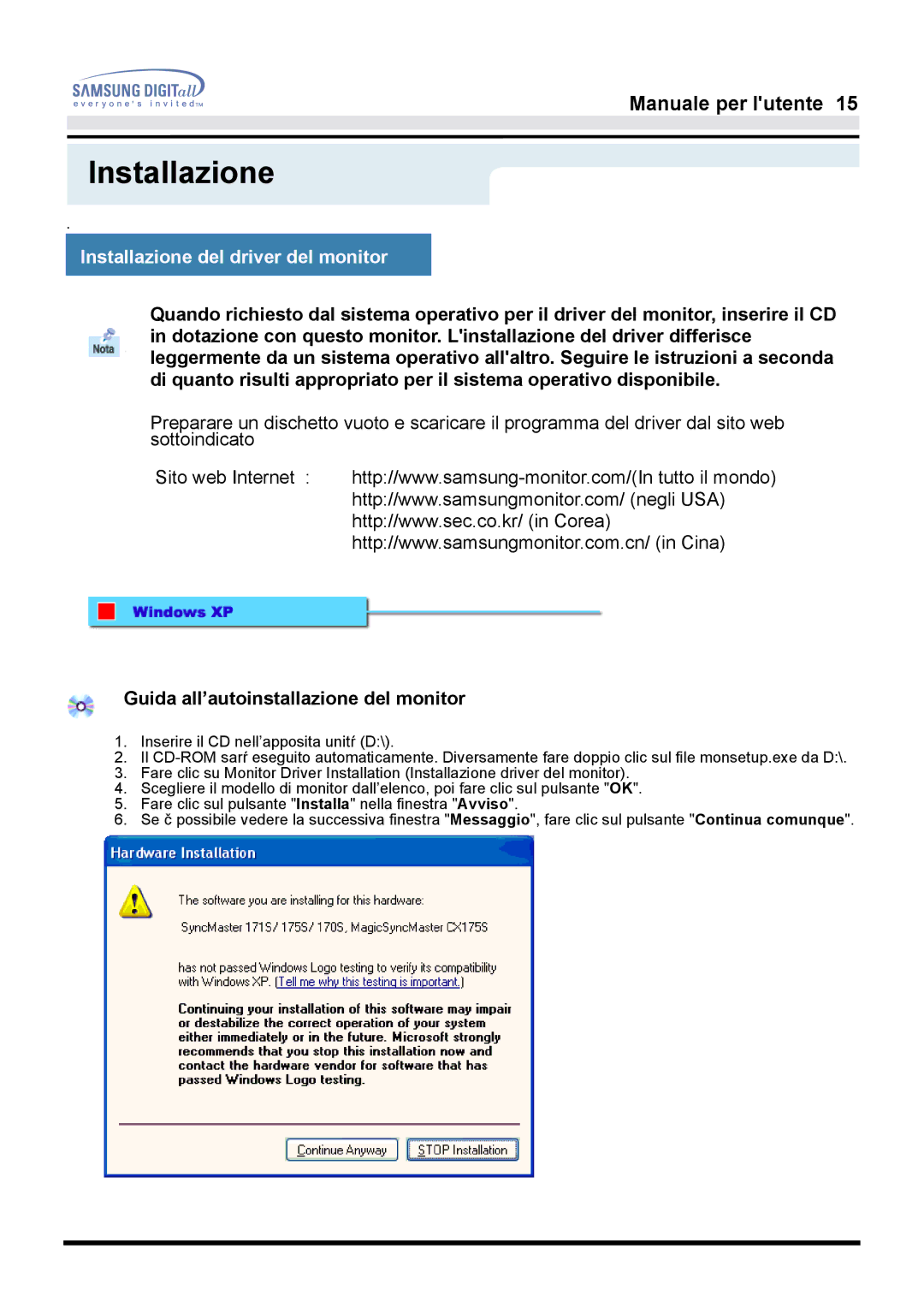 Samsung GH17LSSNJ/EDC, GH17ESSNZ/EDC manual Installazione del driver del monitor, Guida all’autoinstallazione del monitor 