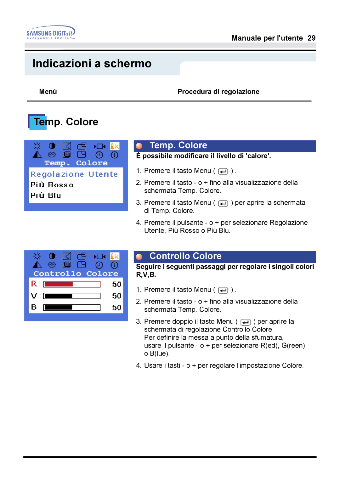 Samsung GH17LSSSJ/EDC, GH17ESSNZ/EDC manual Temp. Colore, Controllo Colore, Possibile modificare il livello di calore 