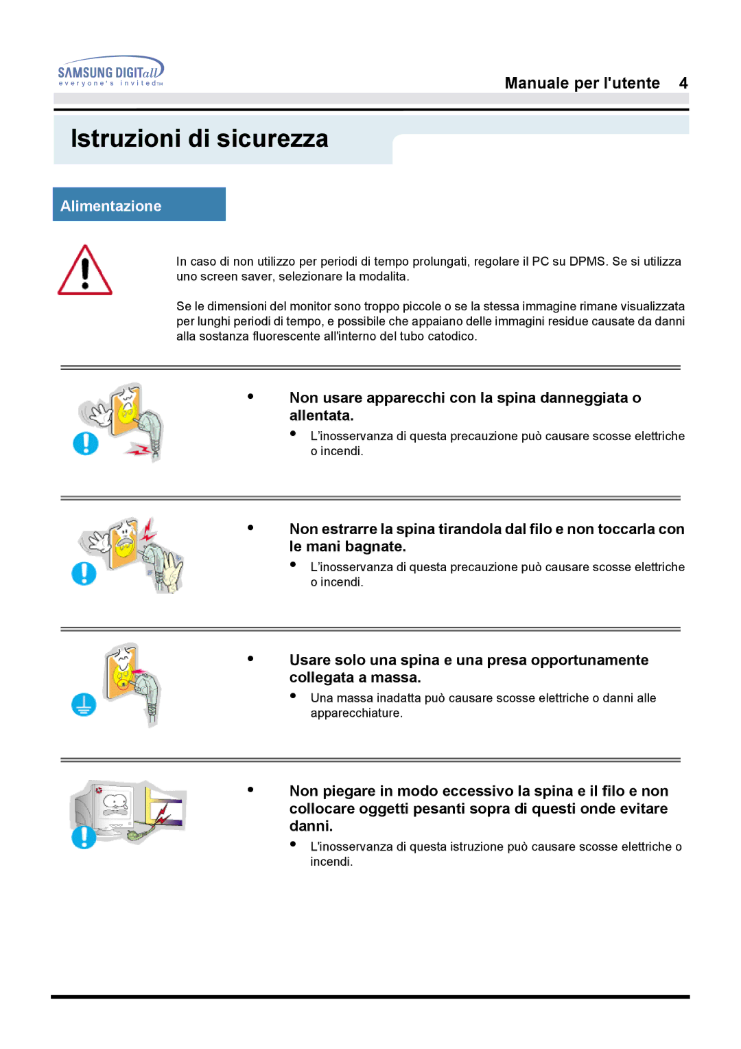 Samsung GH17LSSN/EDC, GH17ESSNZ/EDC, GH17LSANJ/EDC Alimentazione, Non usare apparecchi con la spina danneggiata o allentata 