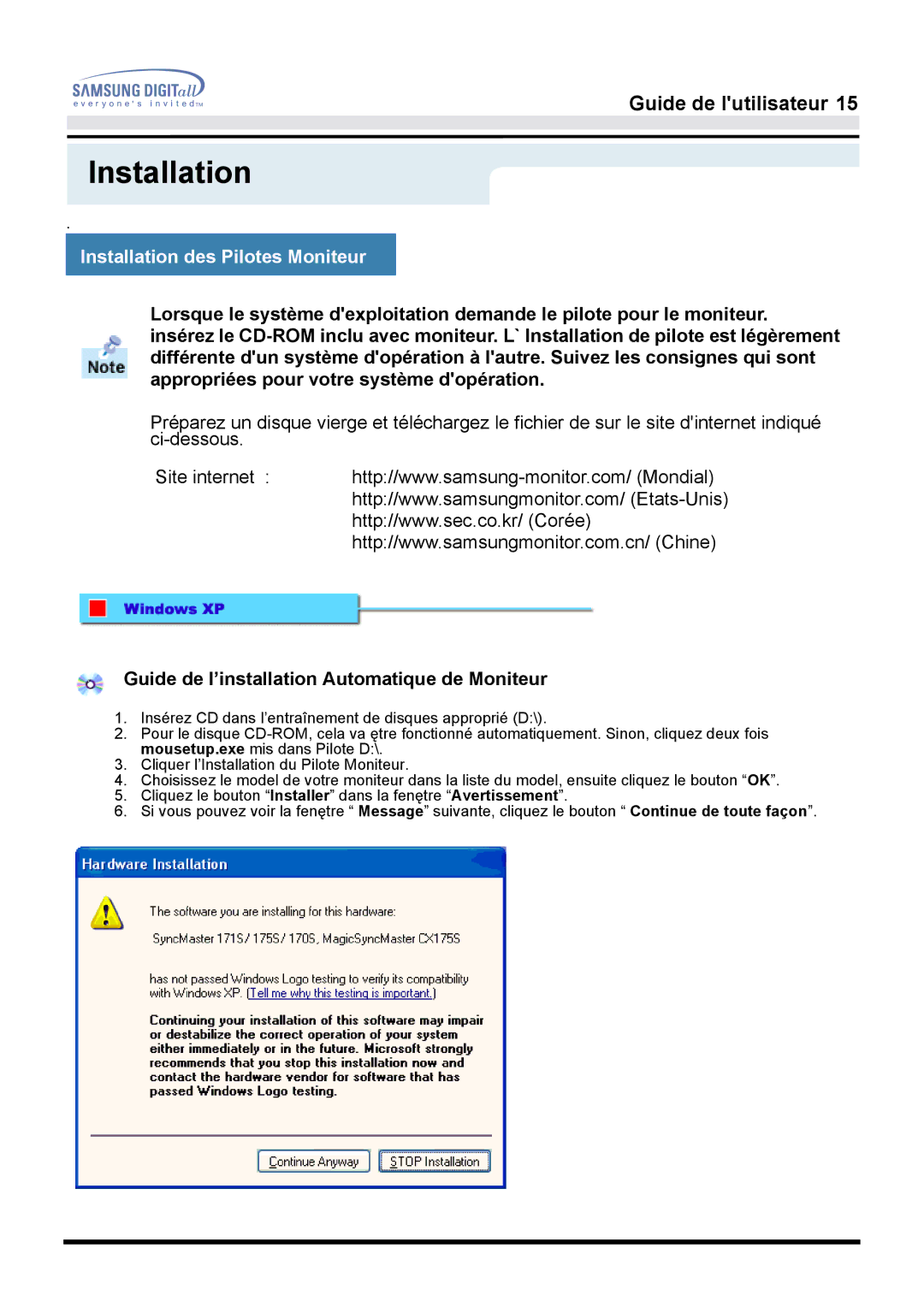 Samsung GH17LSAS, GH17ESSNZ/EDC manual Installation des Pilotes Moniteur, Guide de l’installation Automatique de Moniteur 