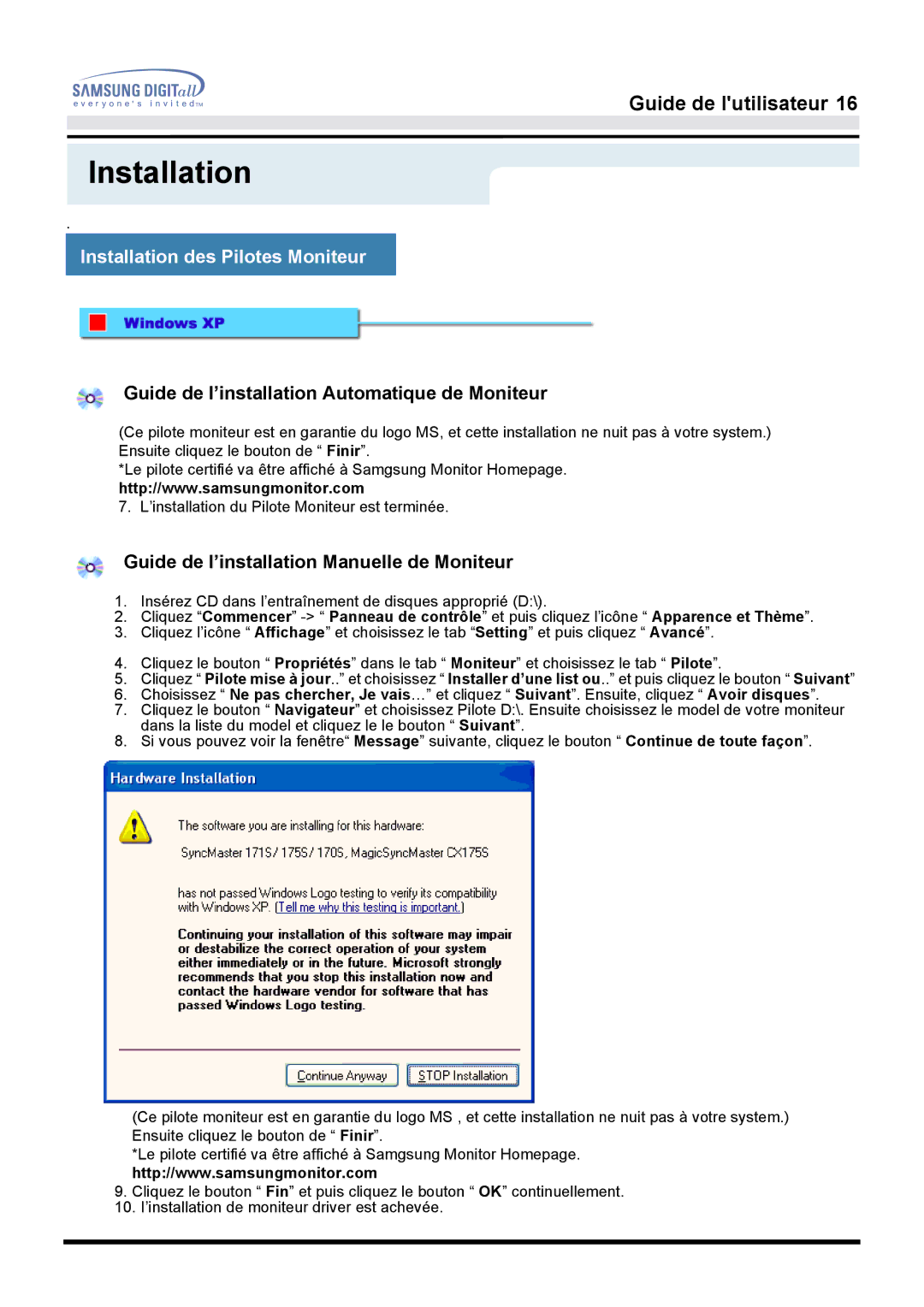 Samsung GH17LSAB/EDC, GH17ESSNZ/EDC, GH17LSASJ/EDC, GH17LSAS/EDC, GH17LSSS manual Guide de l’installation Manuelle de Moniteur 