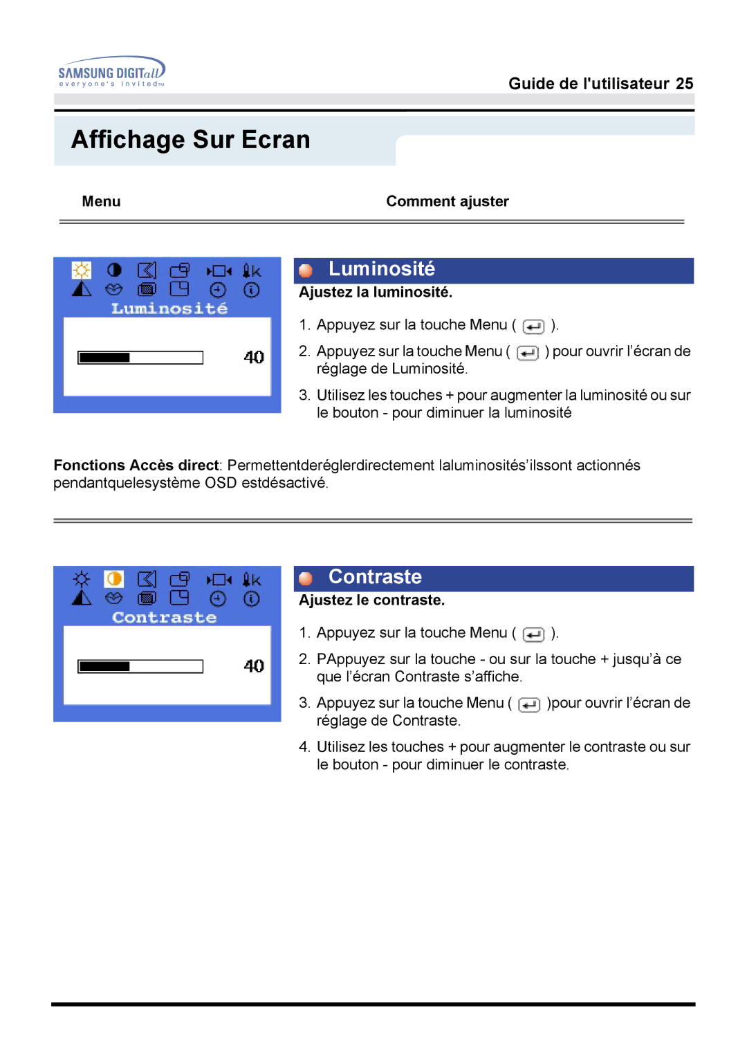 Samsung GH17LSSB/EDC, GH17LSSS Luminosité, Contraste, Menu Comment ajuster, Ajustez la luminosité, Ajustez le contraste 