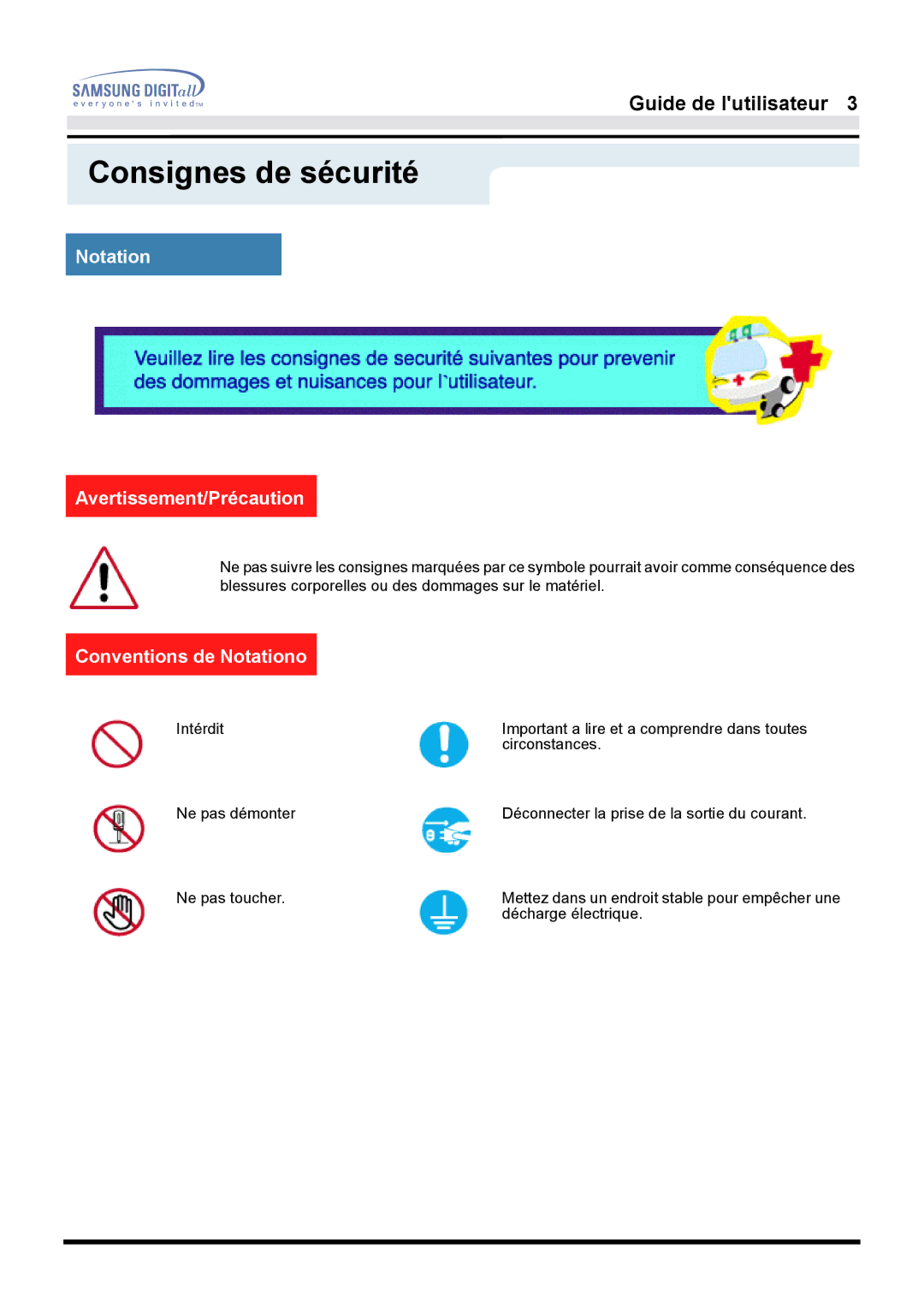 Samsung GH17LSSS, GH17ESSNZ/EDC manual Consignes de sécurité, Notation Avertissement/Précaution, Conventions de Notationo 