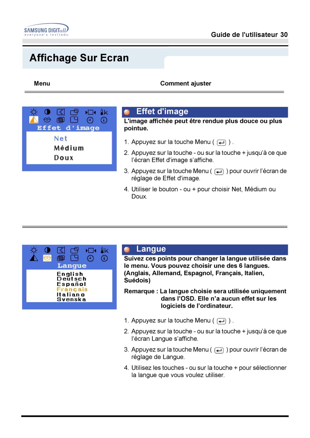 Samsung GH17LSAN/EDC, GH17ESSNZ/EDC manual Effet dimage, Langue, Limage affichée peut être rendue plus douce ou plus pointue 