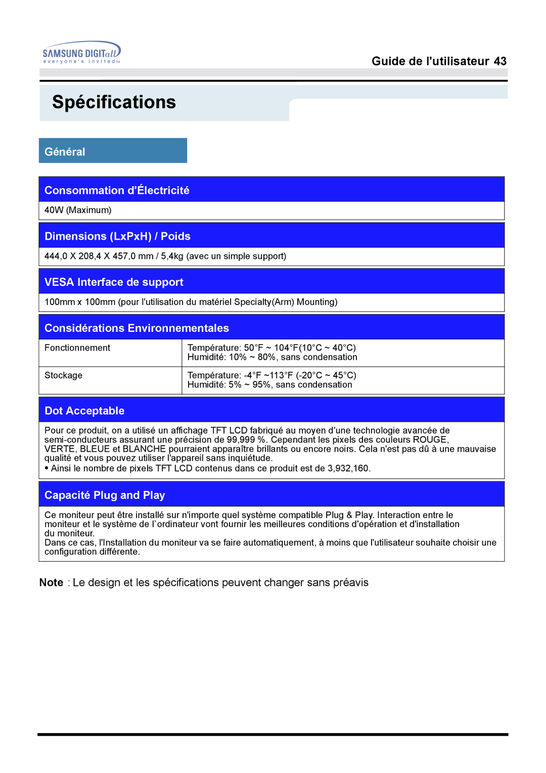 Samsung GH17LSASJ/EDC, GH17LSAS/EDC Général Consommation dÉlectricité, Dimensions LxPxH / Poids, Vesa Interface de support 