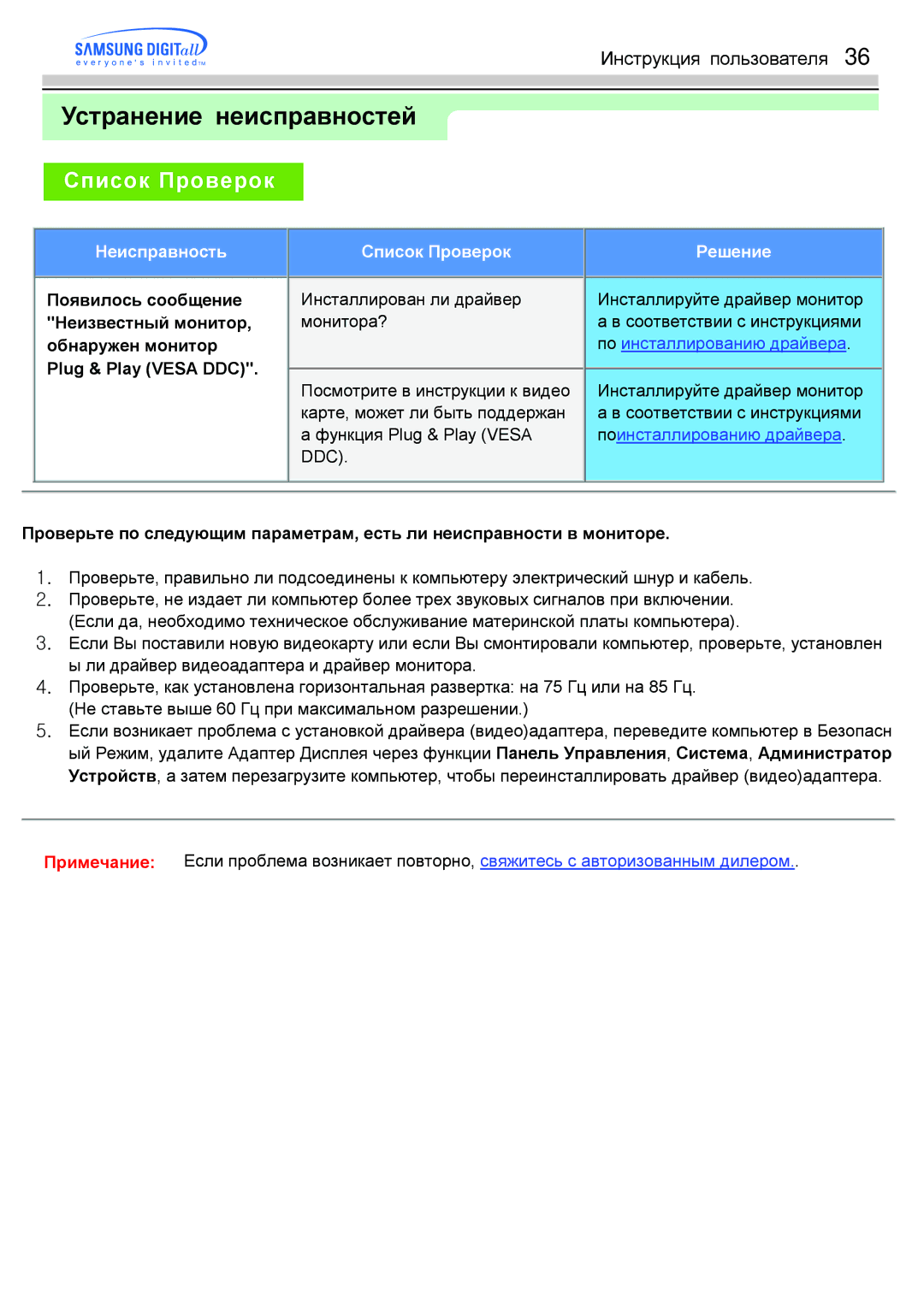Samsung GH17LSSNJ/EDC, GH17HSSN/EDC manual Появилось сообщение, Неизвестный монитор, Обнаружен монитор, Plug & Play Vesa DDC 