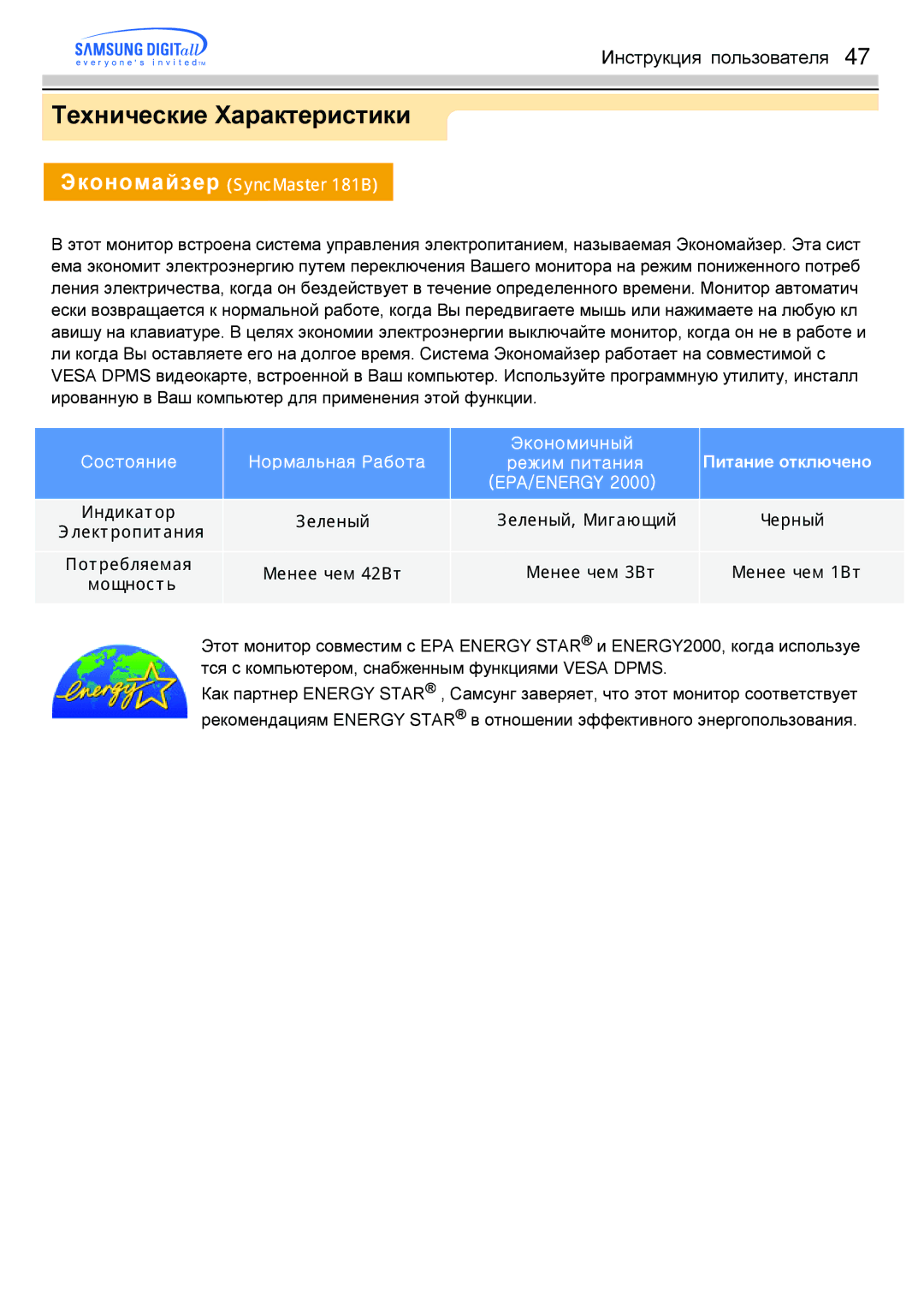 Samsung GH17LSANJ/EDC, GH17HSSN/EDC, GH17ESSNZ/EDC, GH17LSASJ/EDC, GH17LSAS/EDC, GH17LSSB/EDC manual Экономайзер SyncMaster 181B 