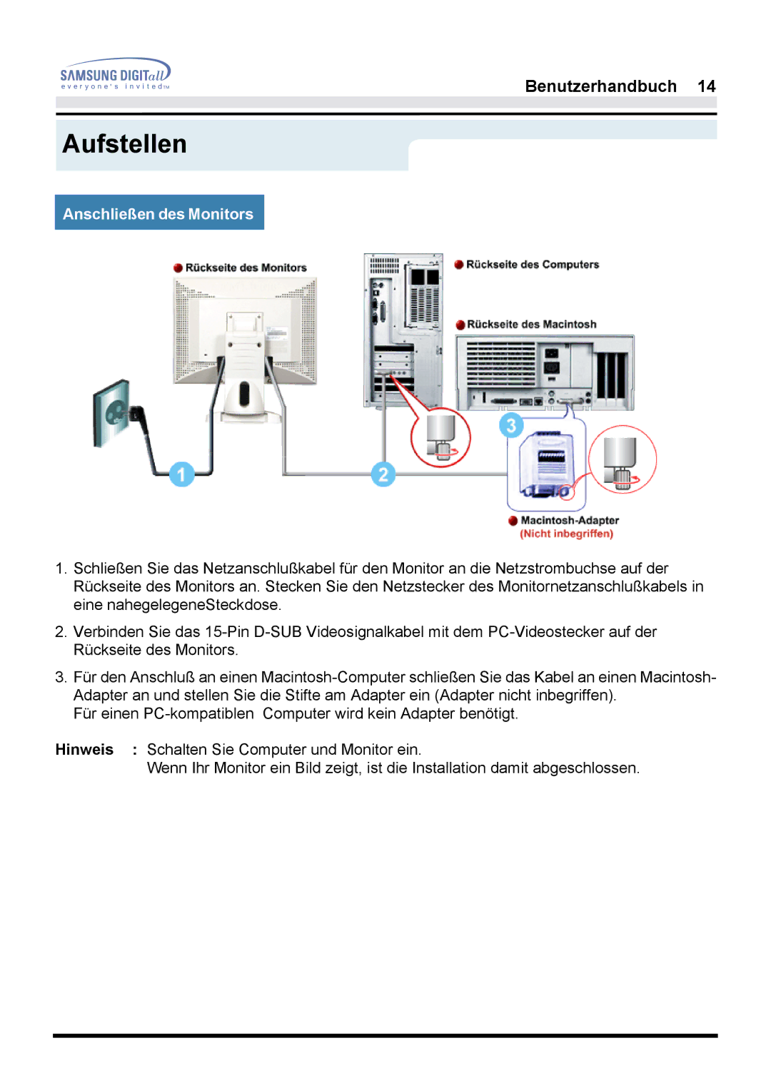 Samsung GH17ESSSZ/EDC, GH17HSSN/EDC, GH17ESSNZ/EDC, GH17LSASJ/EDC, GH17LSAS/EDC, GH17LSSS Aufstellen, Anschließen des Monitors 