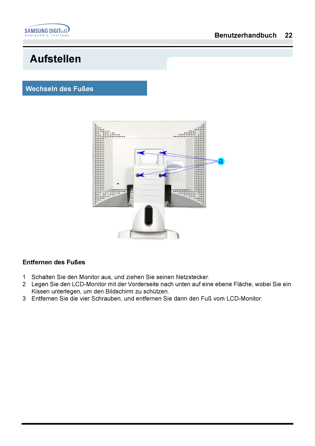 Samsung GH17LSSS/EDC, GH17HSSN/EDC, GH17ESSNZ/EDC, GH17LSASJ/EDC, GH17LSAS/EDC manual Wechseln des Fußes, Entfernen des Fußes 